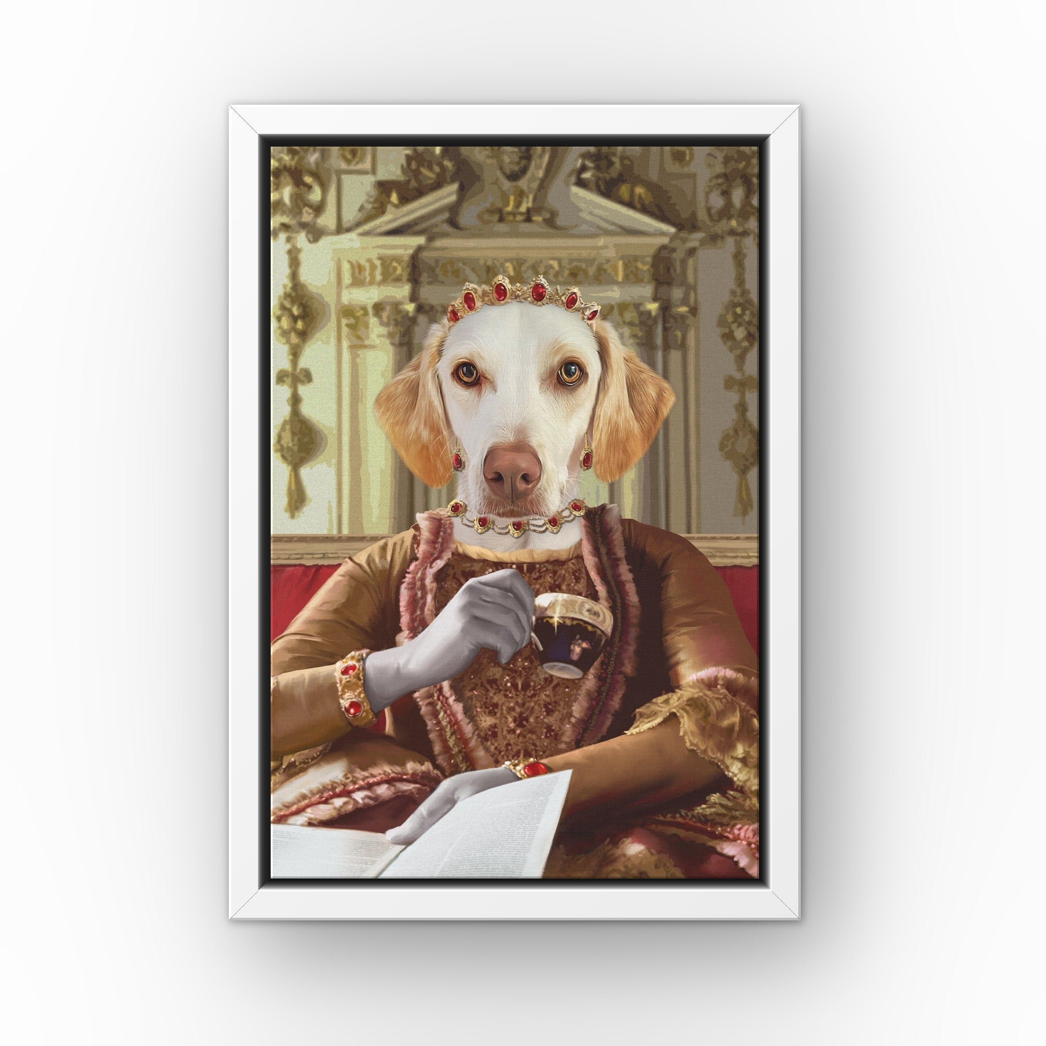 Queen Charlotte custom pet canvas in a white floating frame
