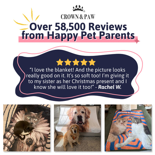 Over 58,500 reviews from happy pet parents: a five-star review of a Crown & Paw custom pet blanket