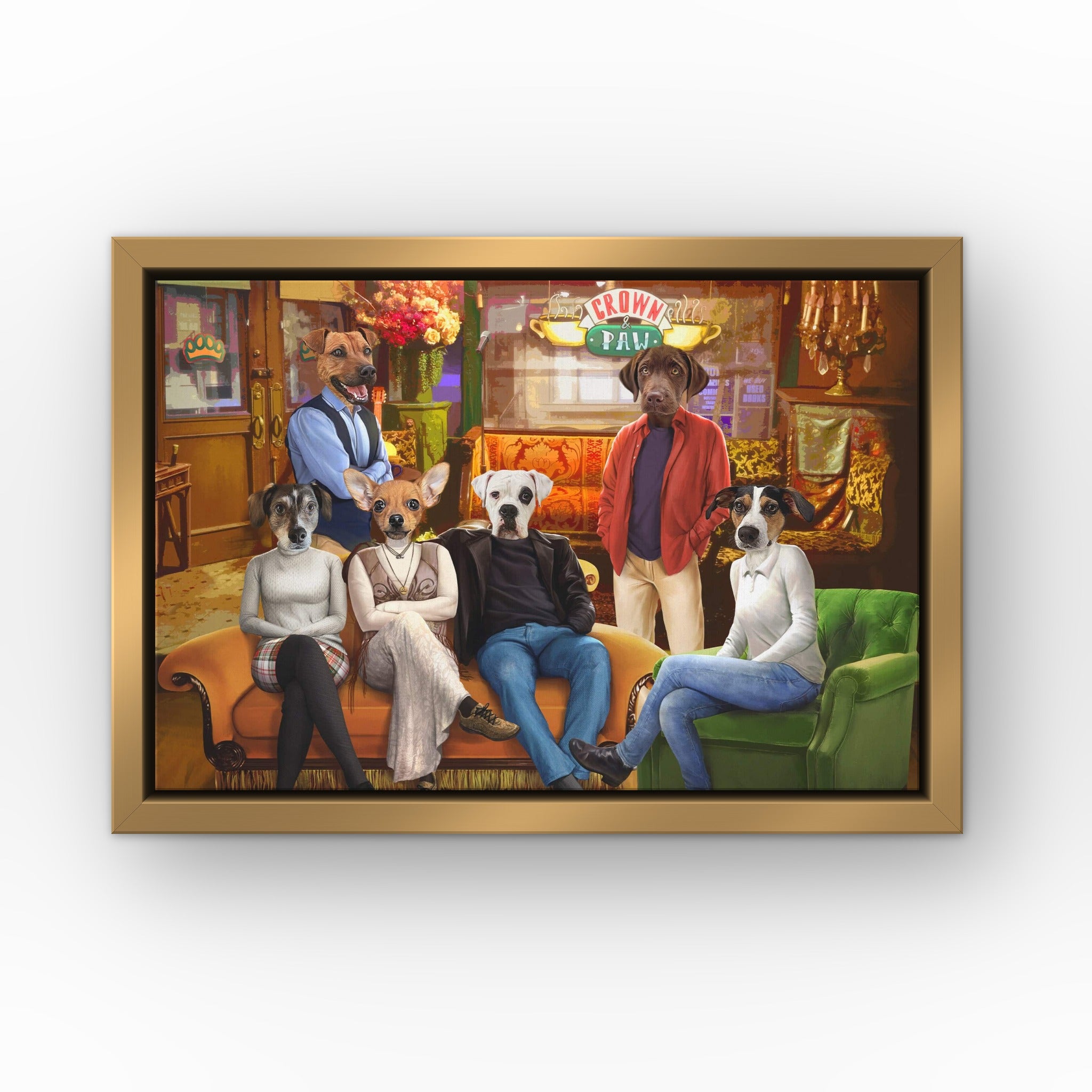 Six Coffee House Friends custom pet canvas in a gold floating frame