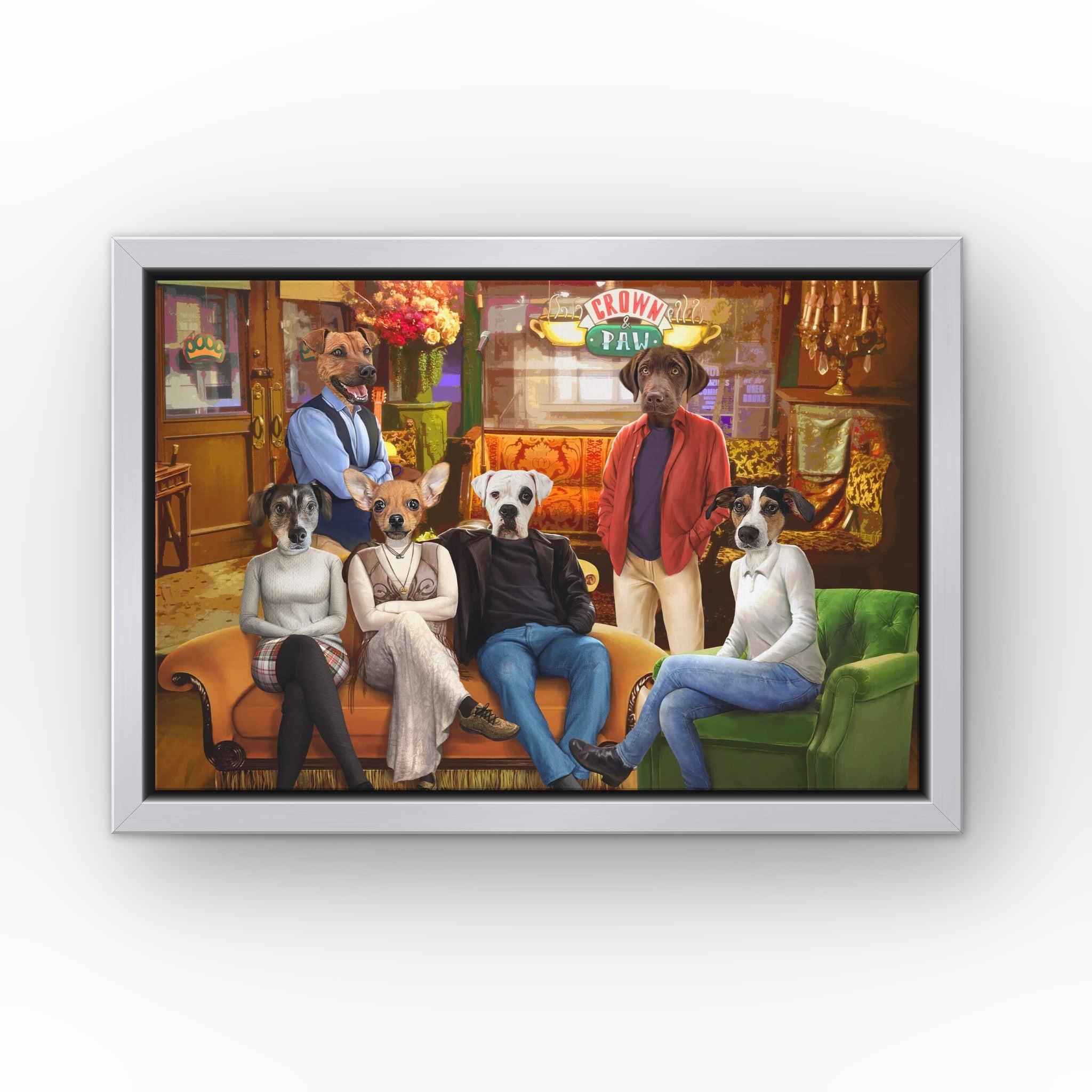 Six Coffee House Friends custom pet canvas in a silver floating frame