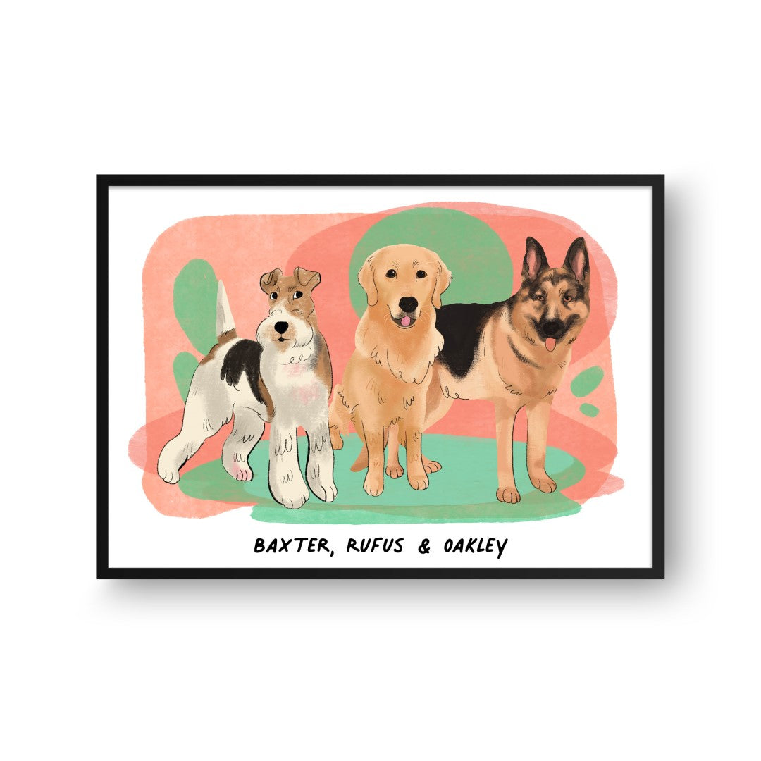 Premium Watercolor Pet Portrait - Three Pets, Framed Poster