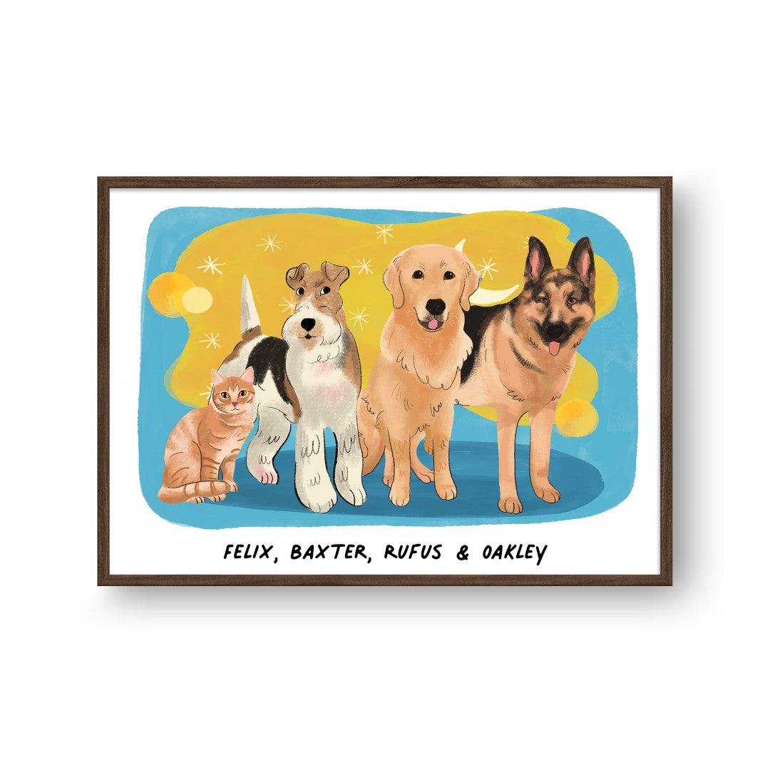 Premium Watercolor Pet Portrait - Four Pets, Framed Poster