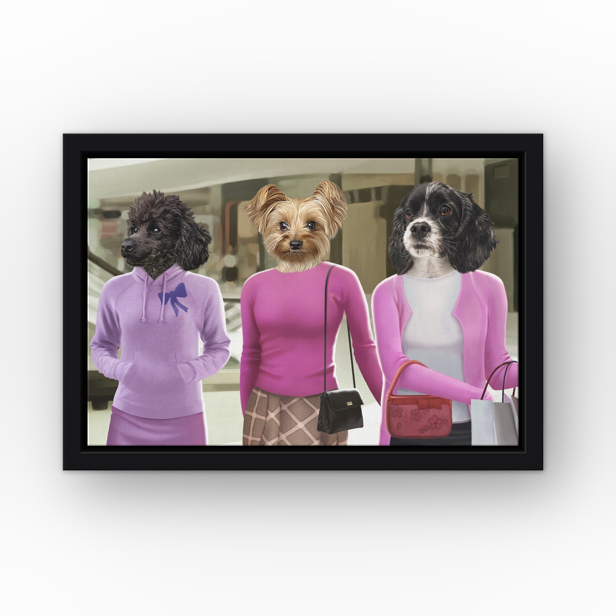 The 3 Mean Girls custom pet canvas in a black floating frame