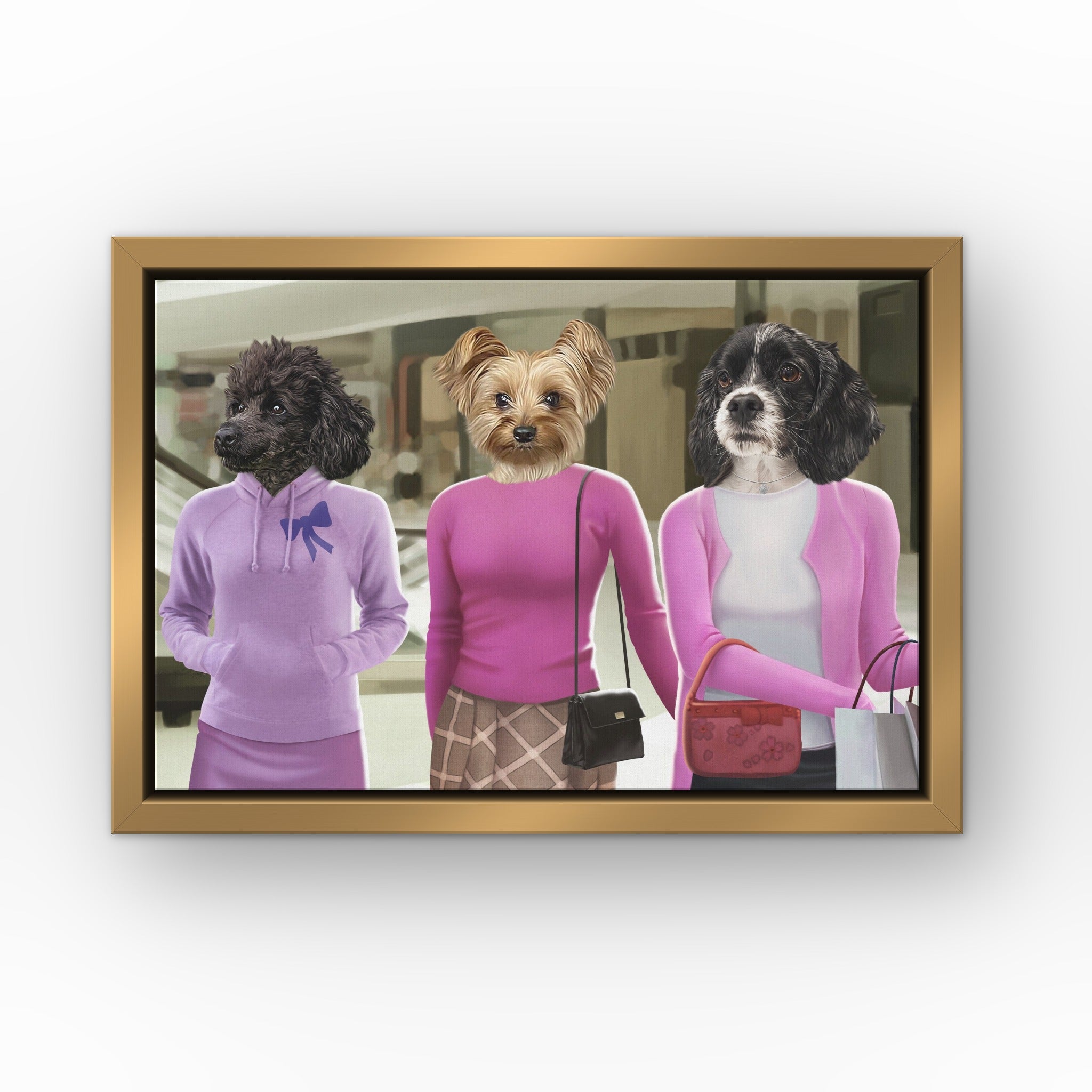 The 3 Mean Girls custom pet canvas in a gold floating frame