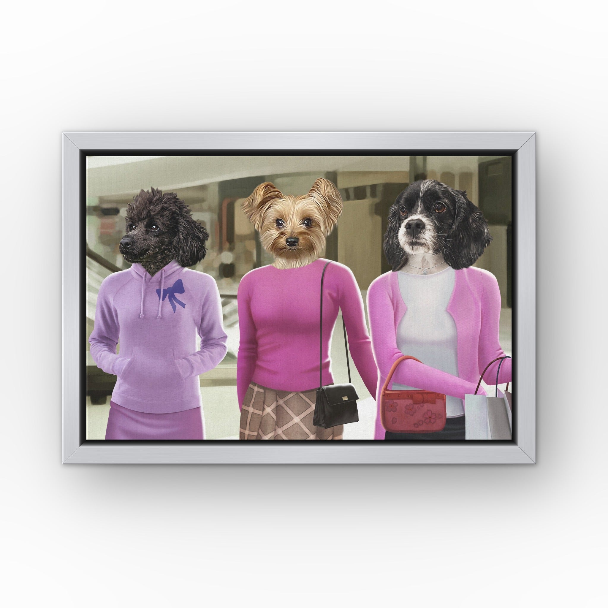 The 3 Mean Girls custom pet canvas in a silver floating frame