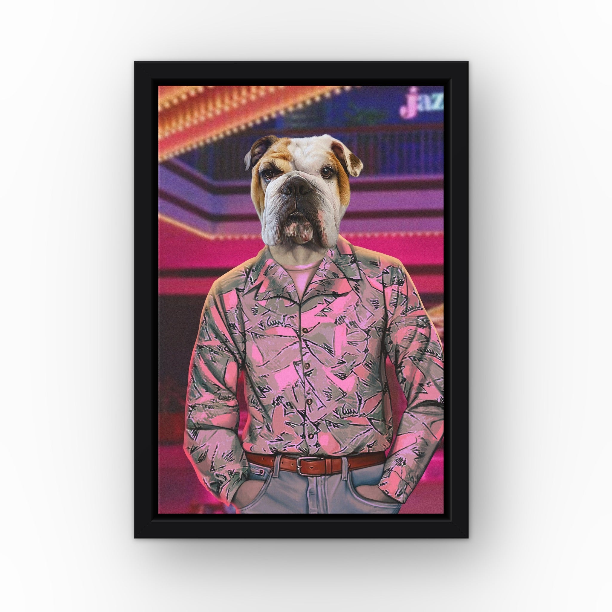 The 80's Cop custom pet canvas in a black floating frame