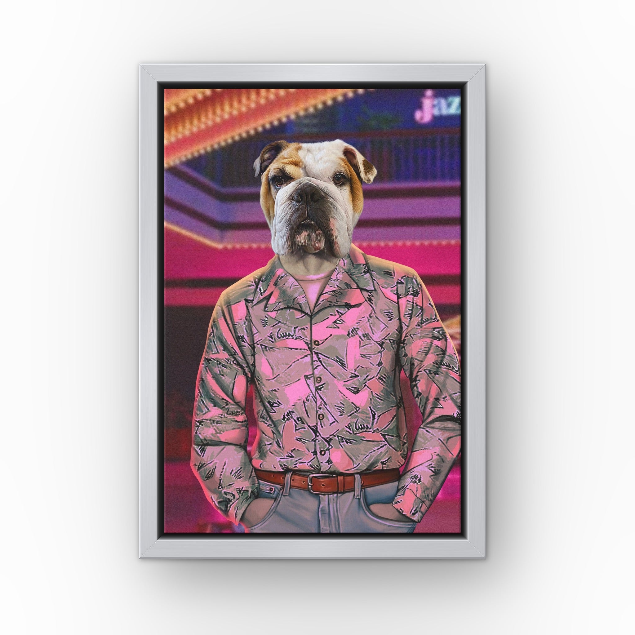 The 80's Cop custom pet canvas in a silver floating frame