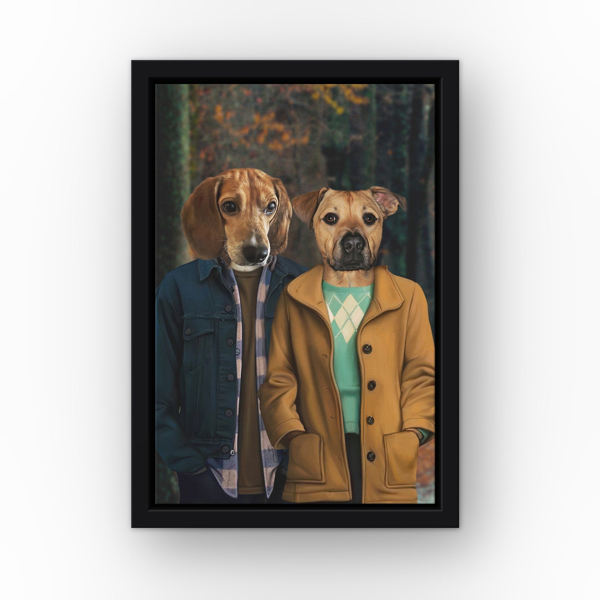 The 80's Couple custom pet canvas in a black floating frame