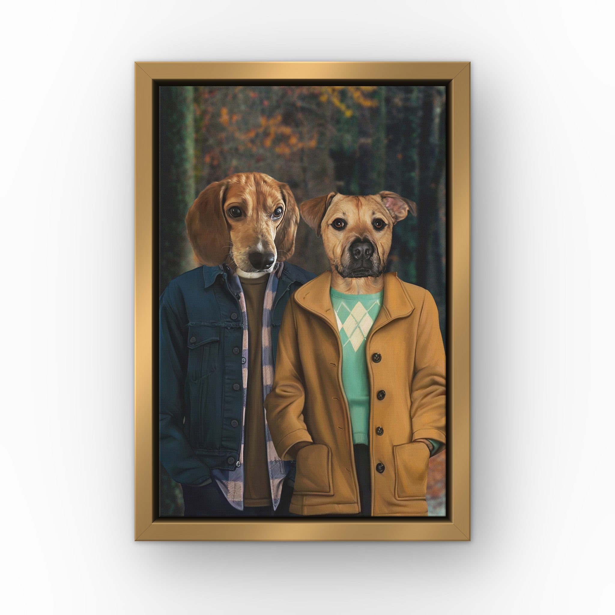 The 80's Couple custom pet canvas in a gold floating frame