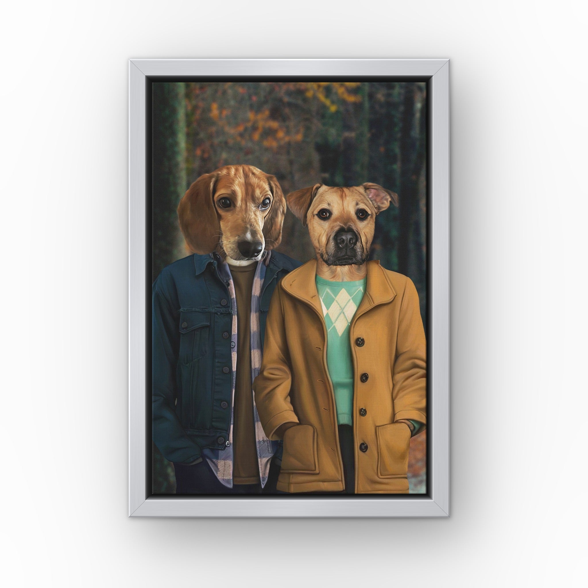 The 80's Couple custom pet canvas in a silver floating frame