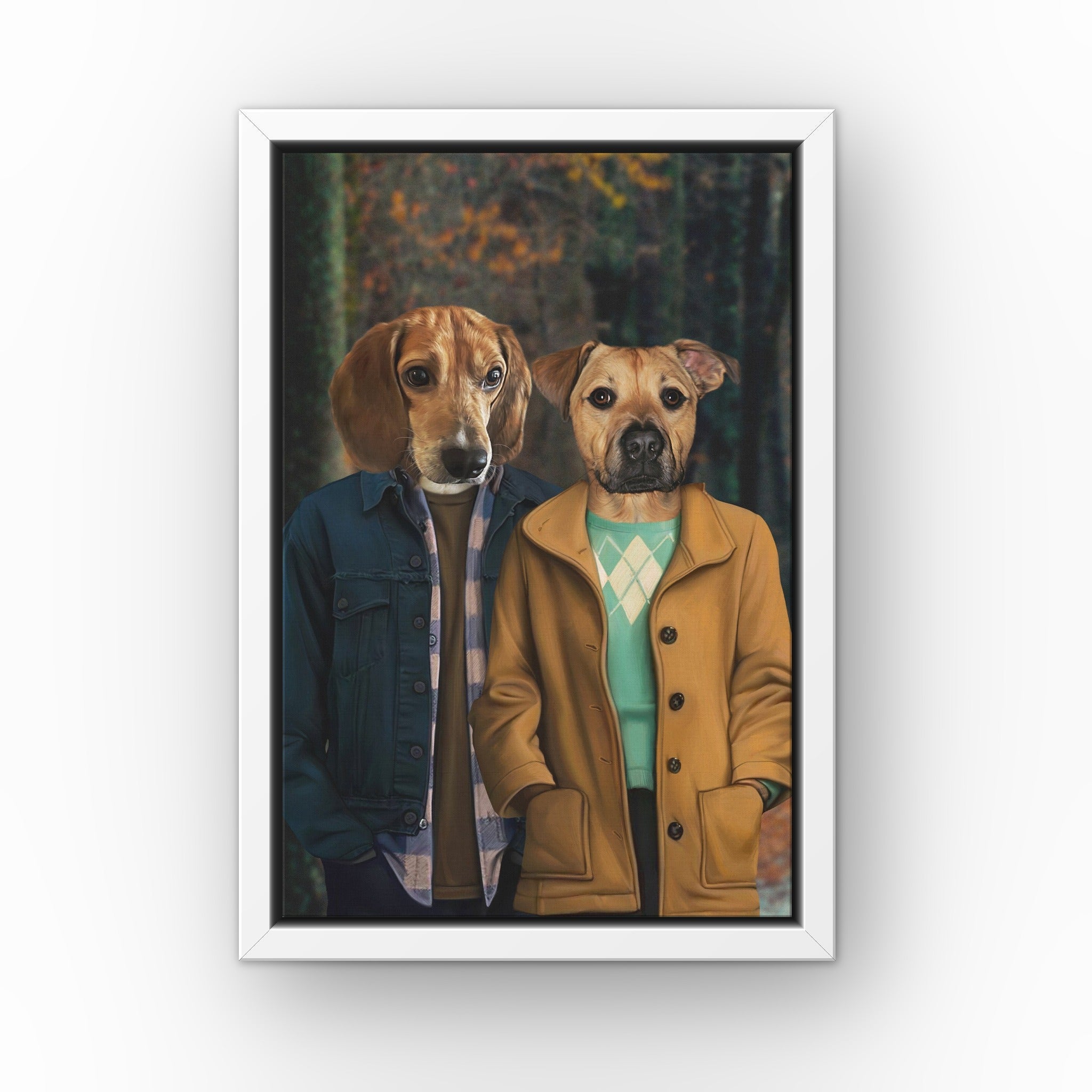 The 80's Couple custom pet canvas in a white floating frame