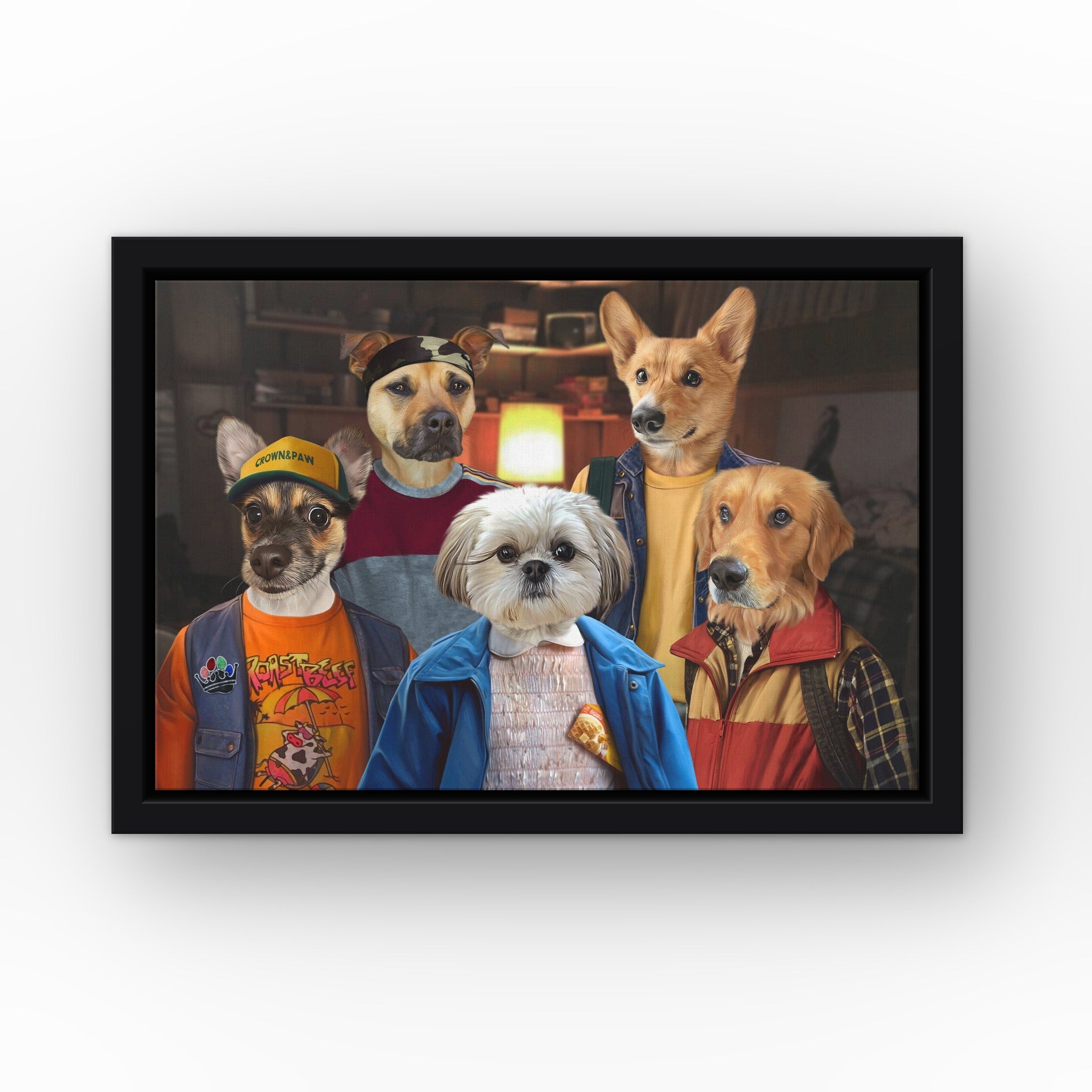 The 80's Kids custom pet canvas in a black floating frame