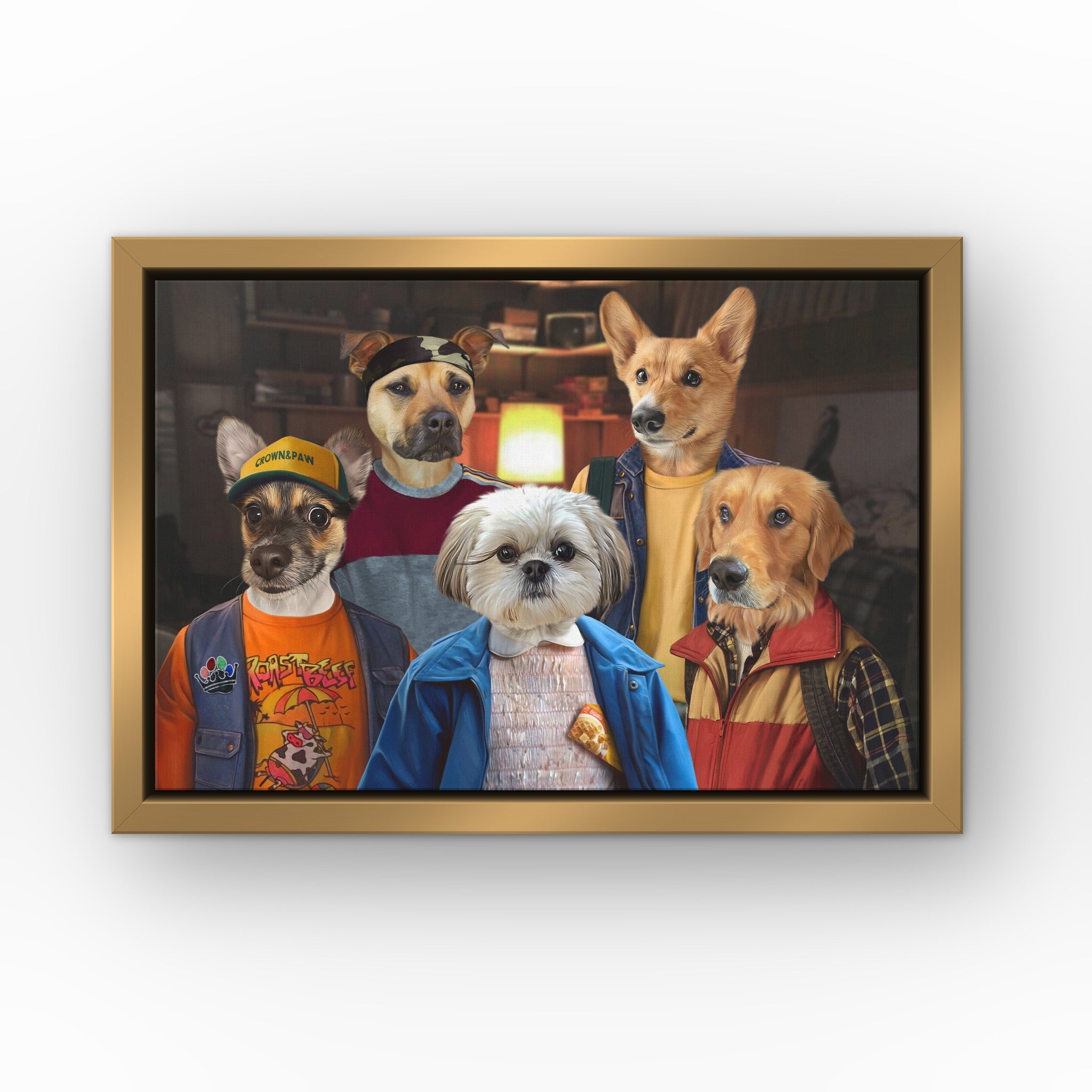 The 80's Kids custom pet canvas in a gold floating frame