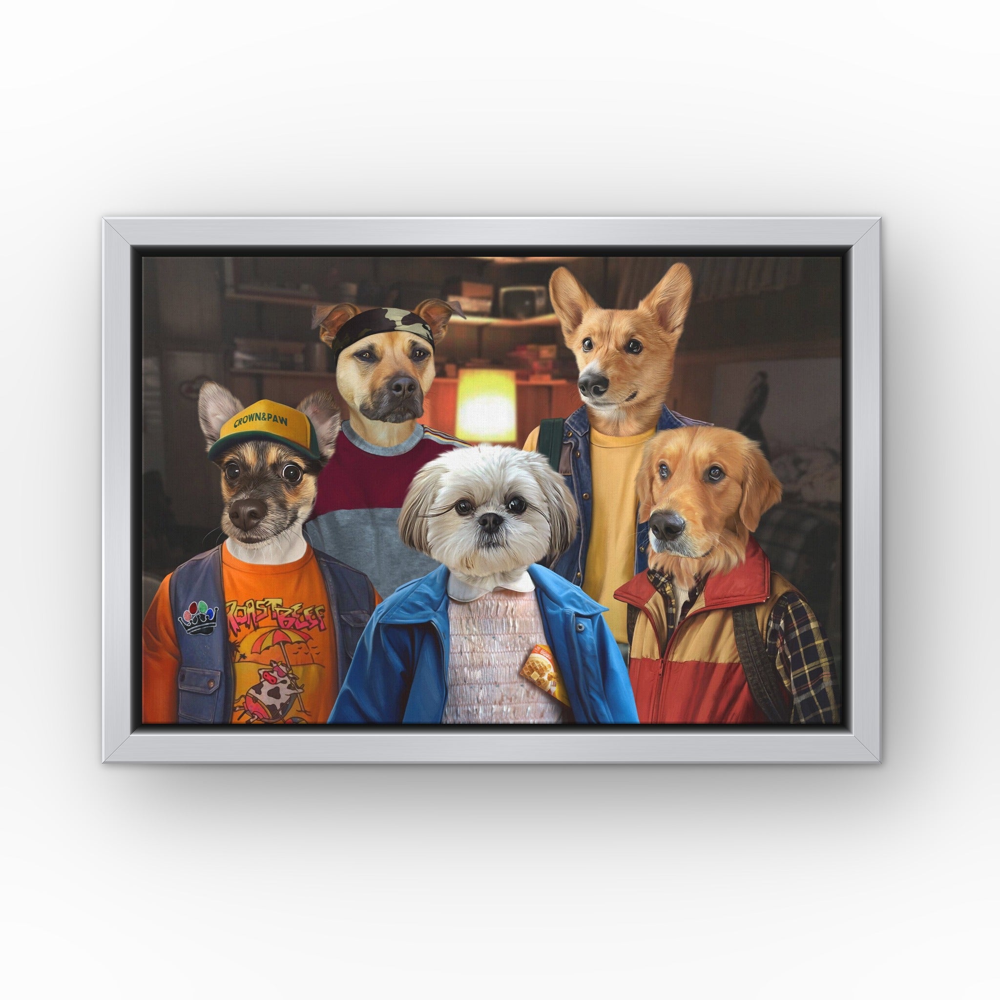 The 80's Kids custom pet canvas in a silver floating frame
