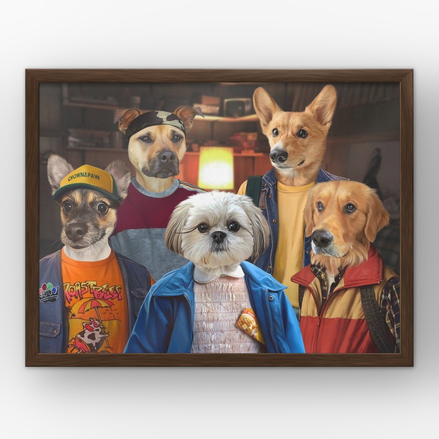 The 80's Kids custom pet poster in a walnut frame