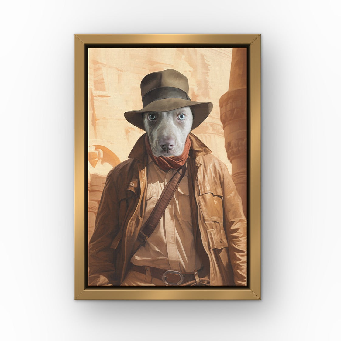 The Archeologist custom pet canvas in a gold floating frame