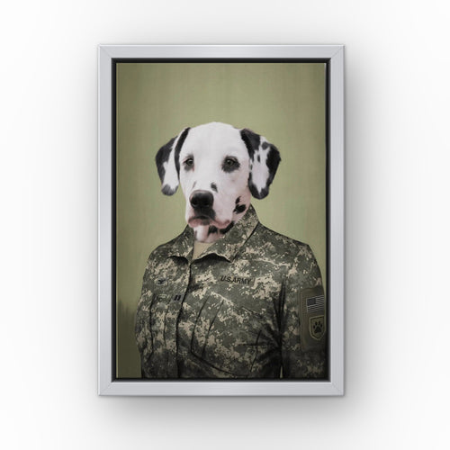 The Army Woman custom pet canvas in a silver floating frame