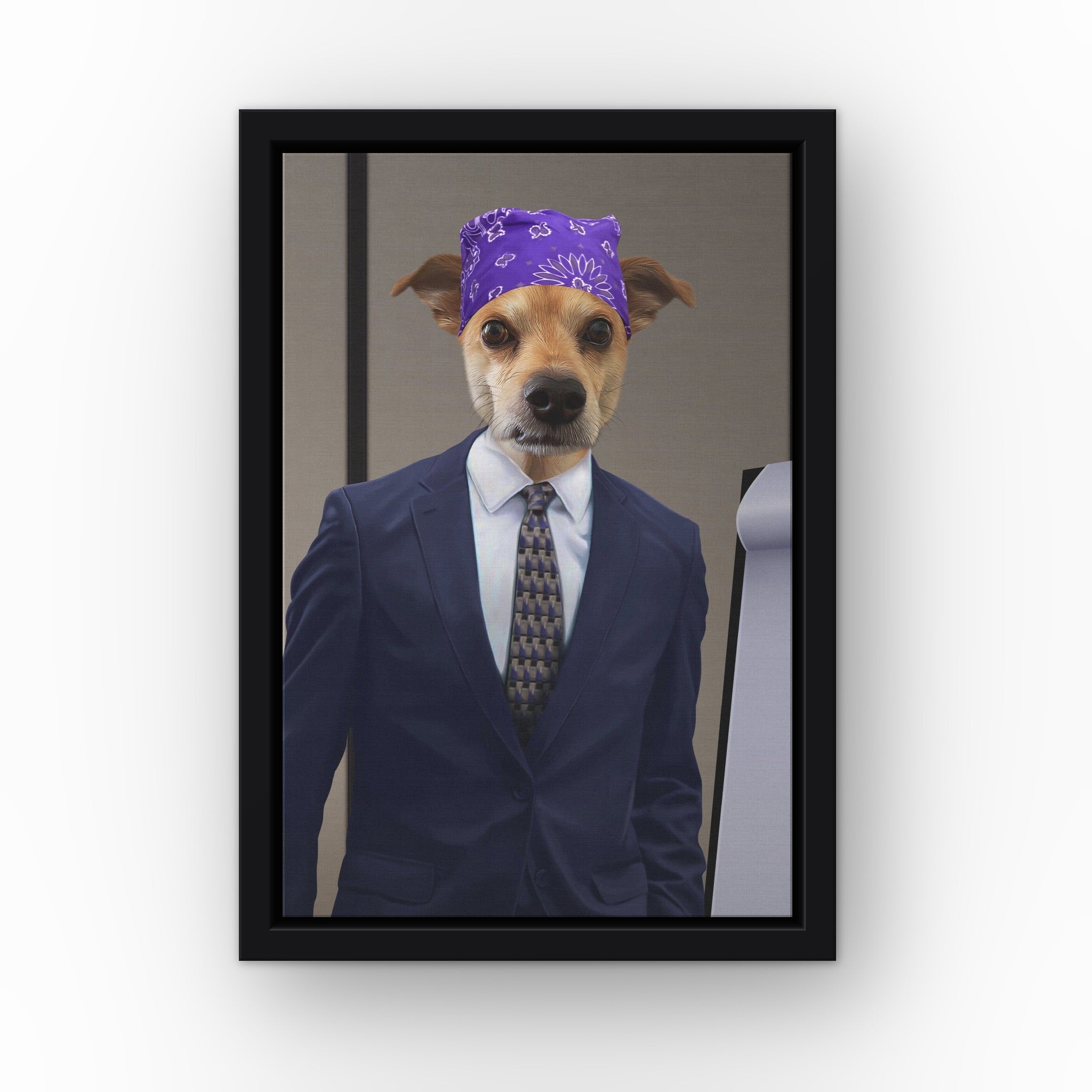 The Bad Boss custom pet canvas in a black floating frame