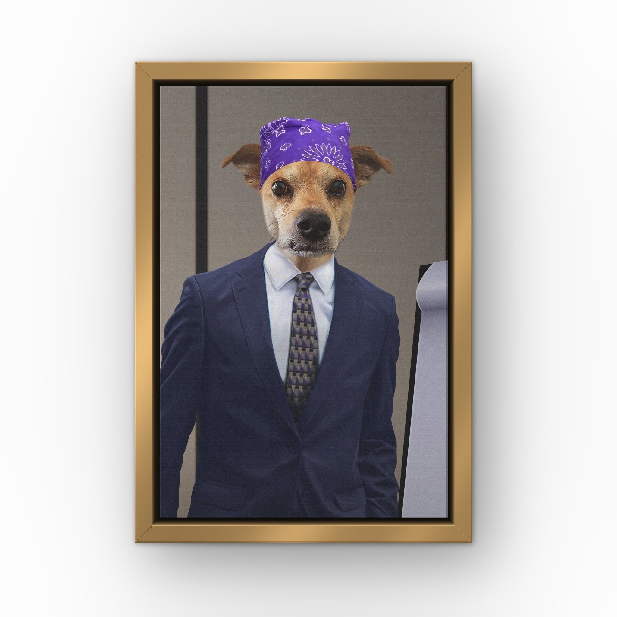 The Bad Boss custom pet canvas in a gold floating frame