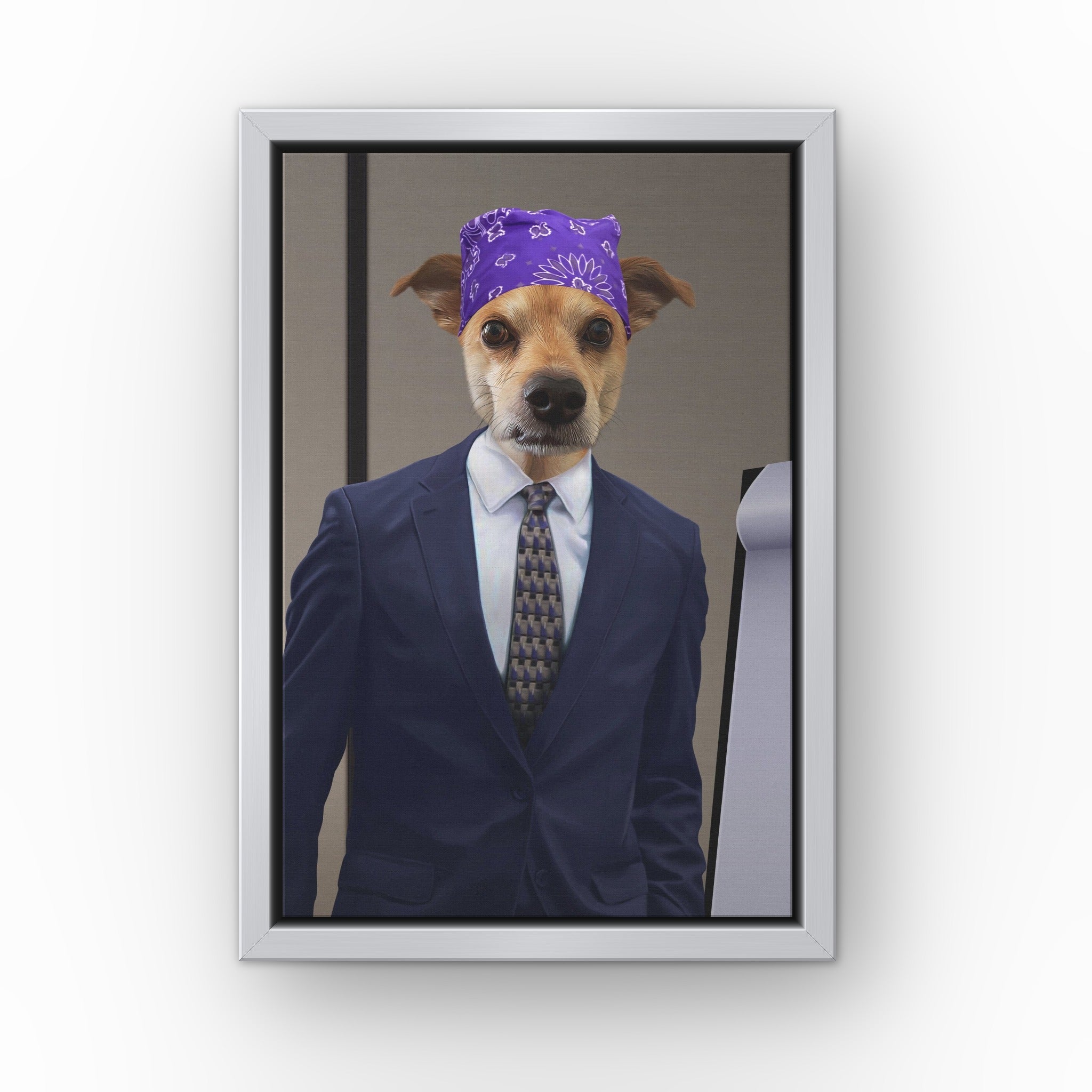 The Bad Boss custom pet canvas in a silver floating frame