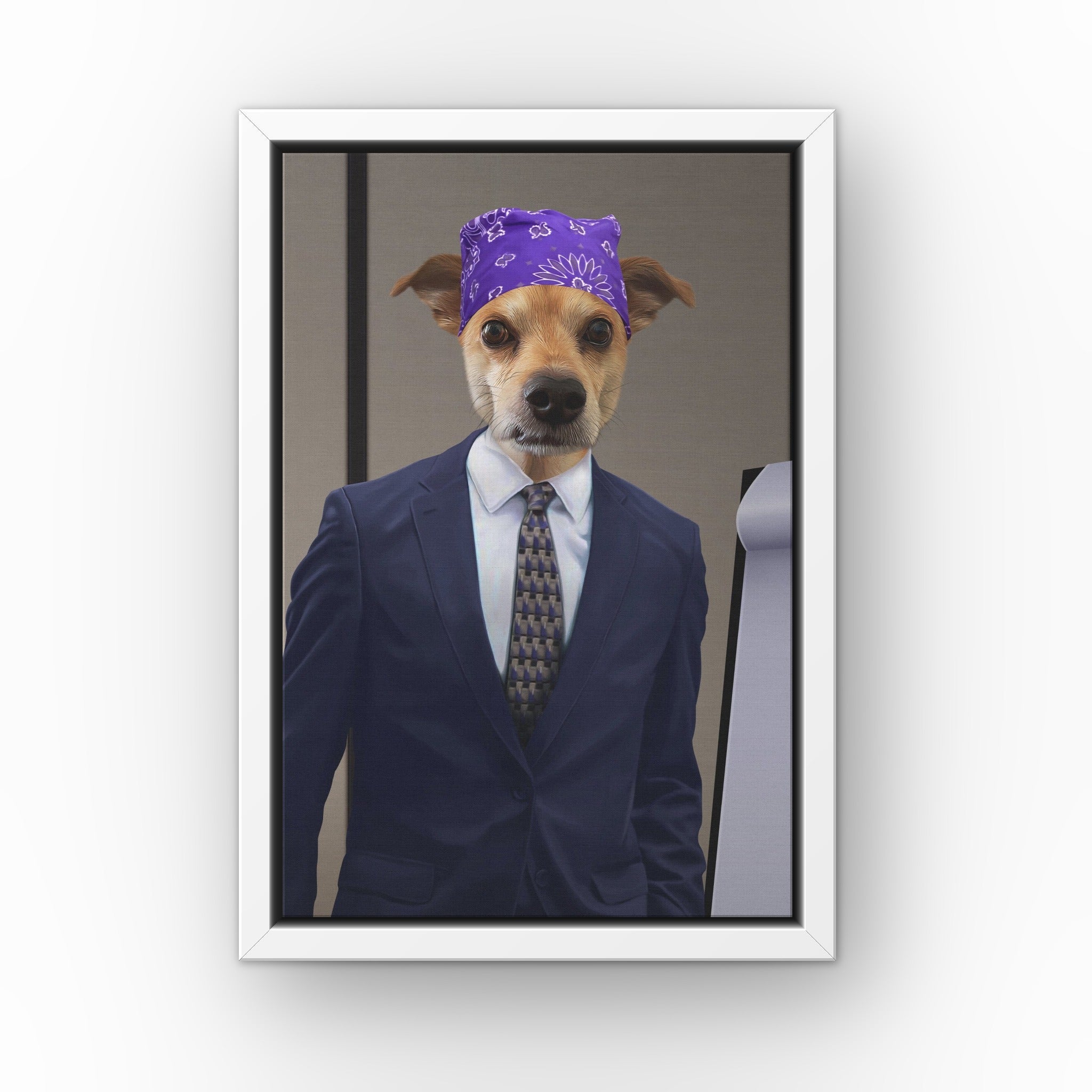 The Bad Boss custom pet canvas in a white floating frame