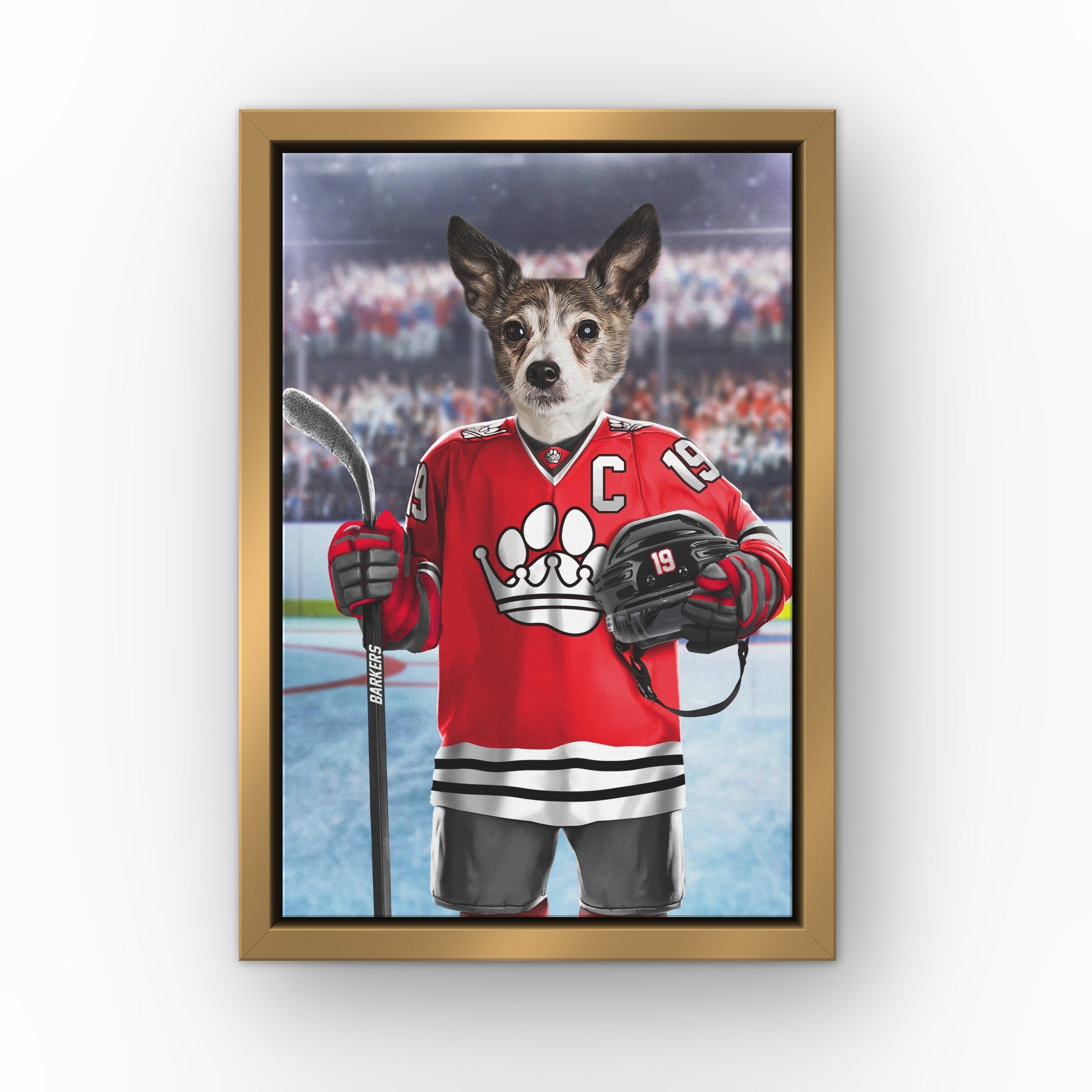 The Barkers custom pet canvas in a gold floating frame