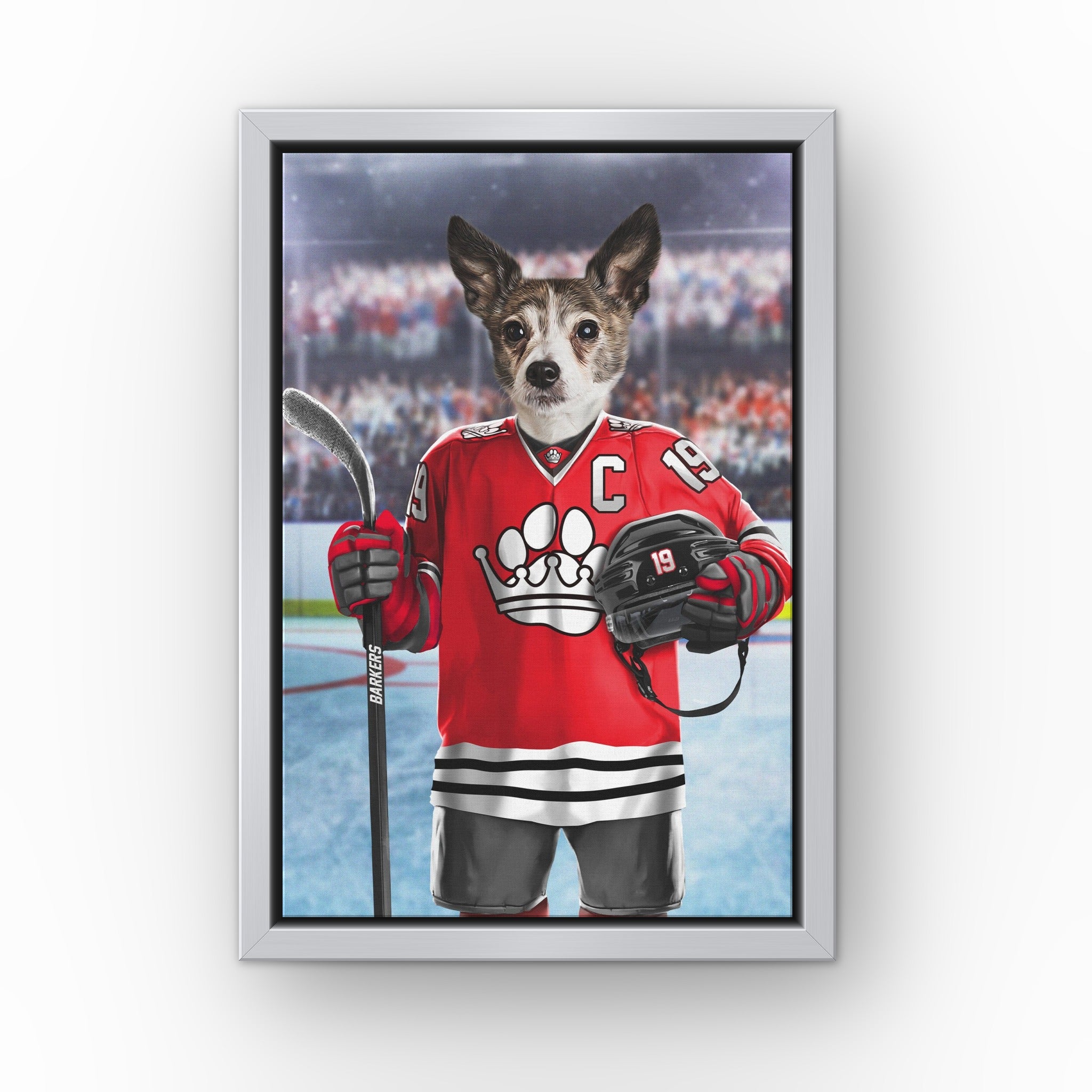 The Barkers custom pet canvas in a silver floating frame