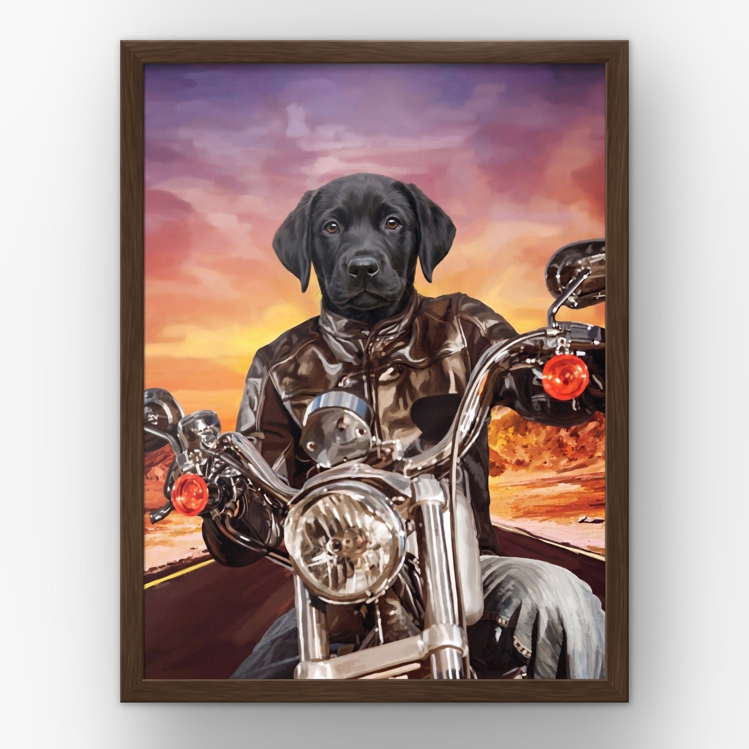 The Biker custom pet poster in a walnut frame