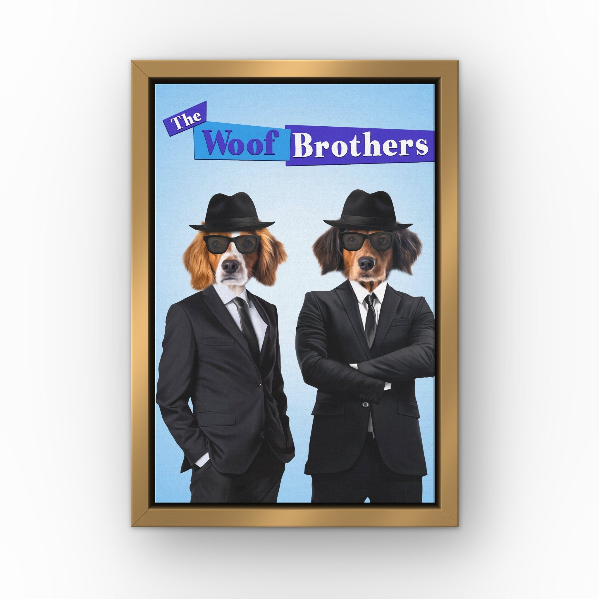 The Blues Brothers custom pet canvas in a gold floating frame