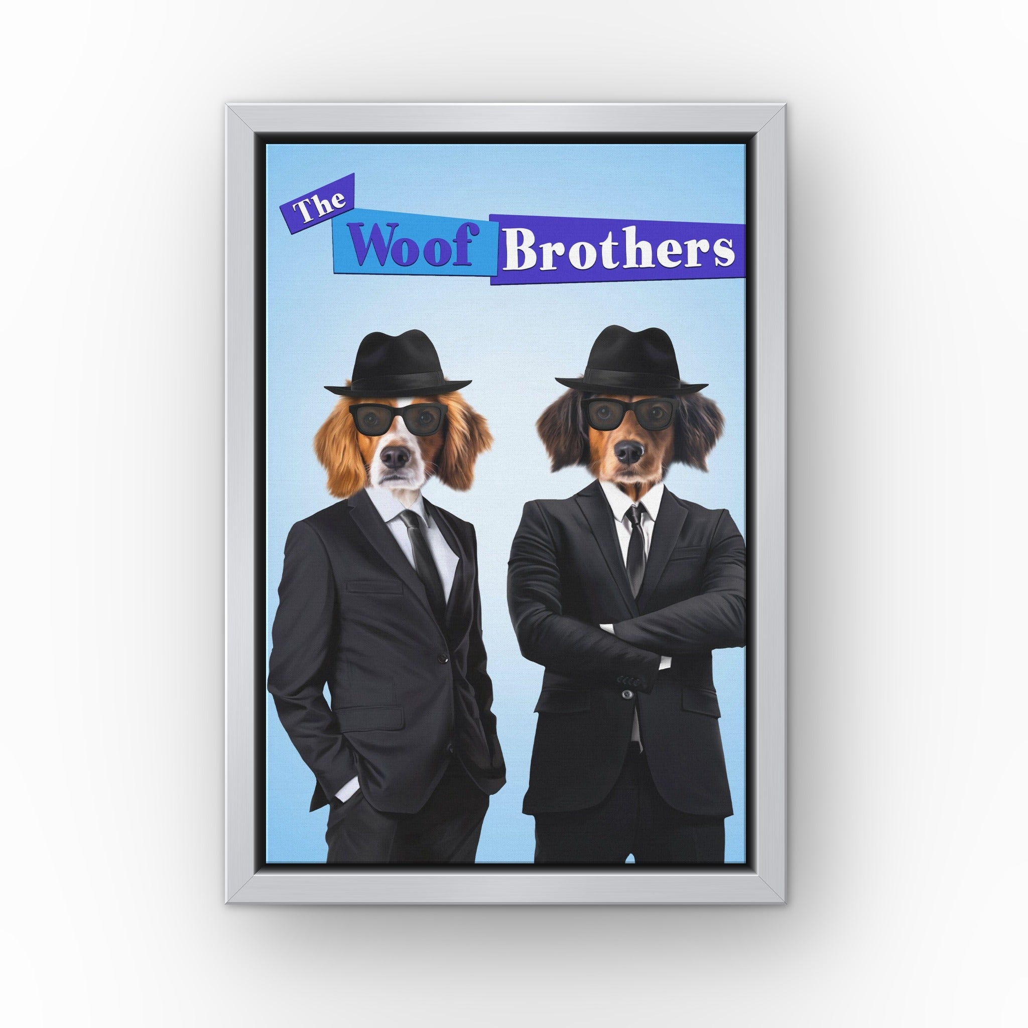 The Blues Brothers custom pet canvas in a silver floating frame