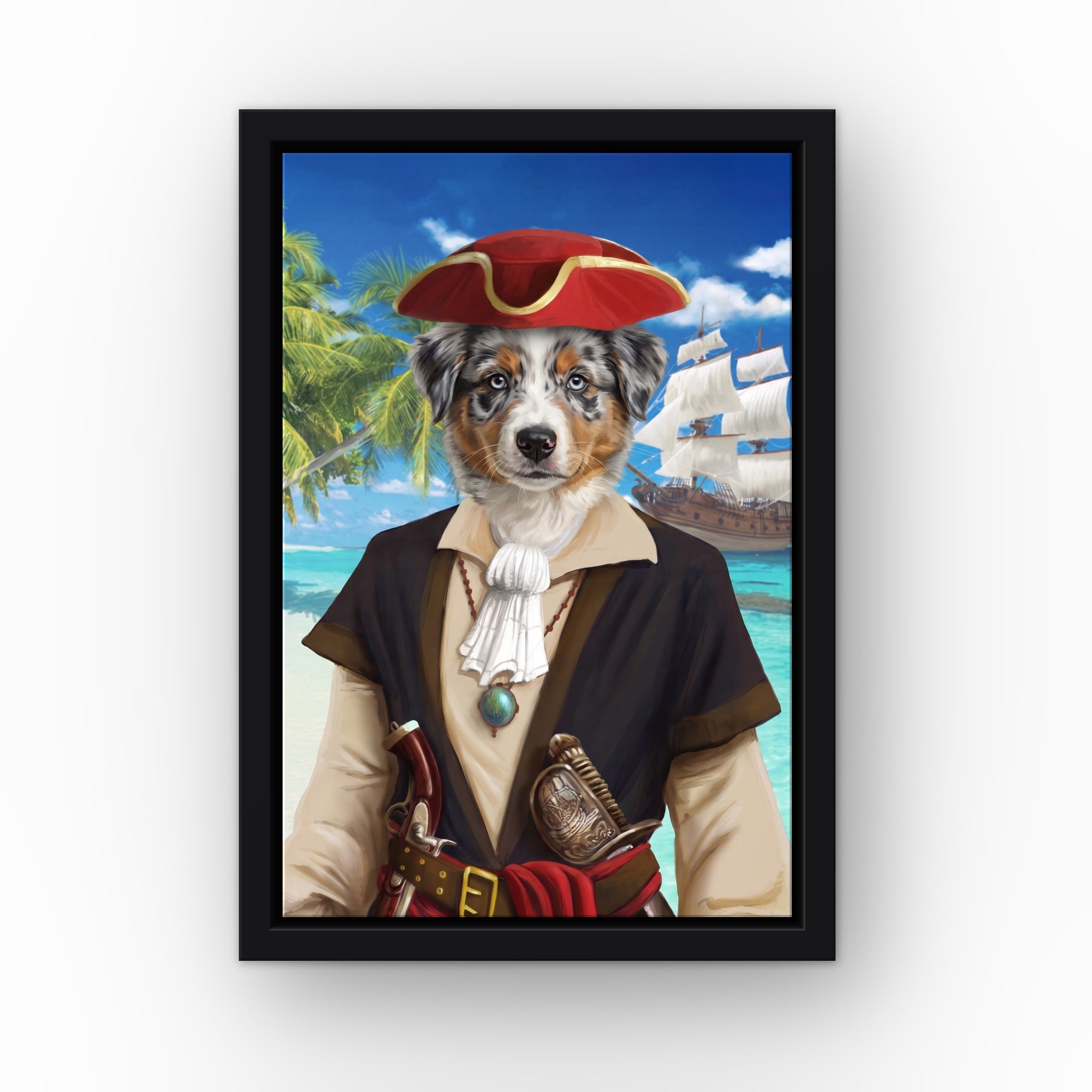 The Buccaneer custom pet canvas in a black floating frame
