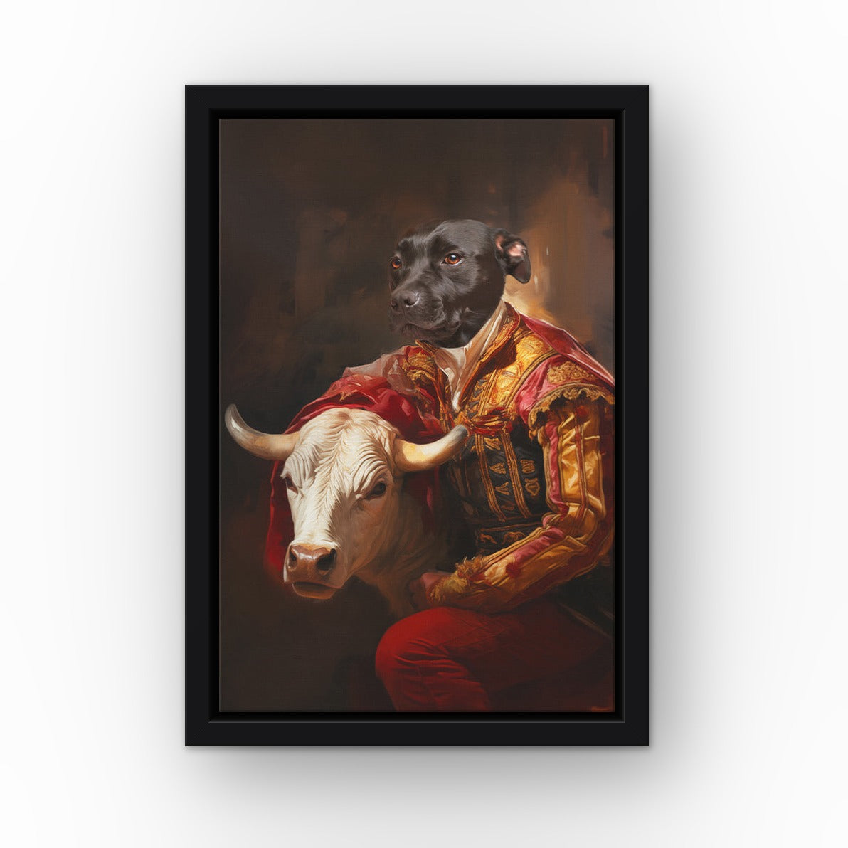 The Bull Fighter custom pet canvas in a black floating frame