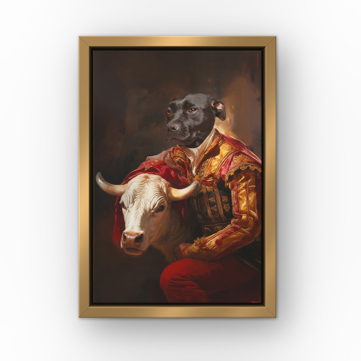 The Bull Fighter custom pet canvas in a gold floating frame