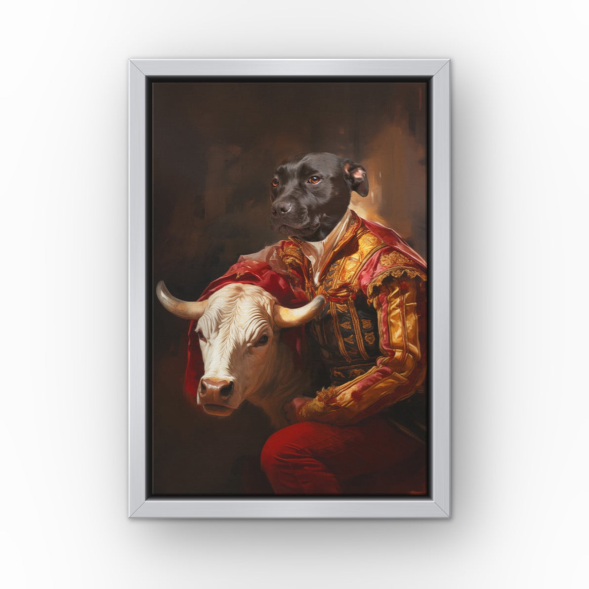 The Bull Fighter custom pet canvas in a silver floating frame