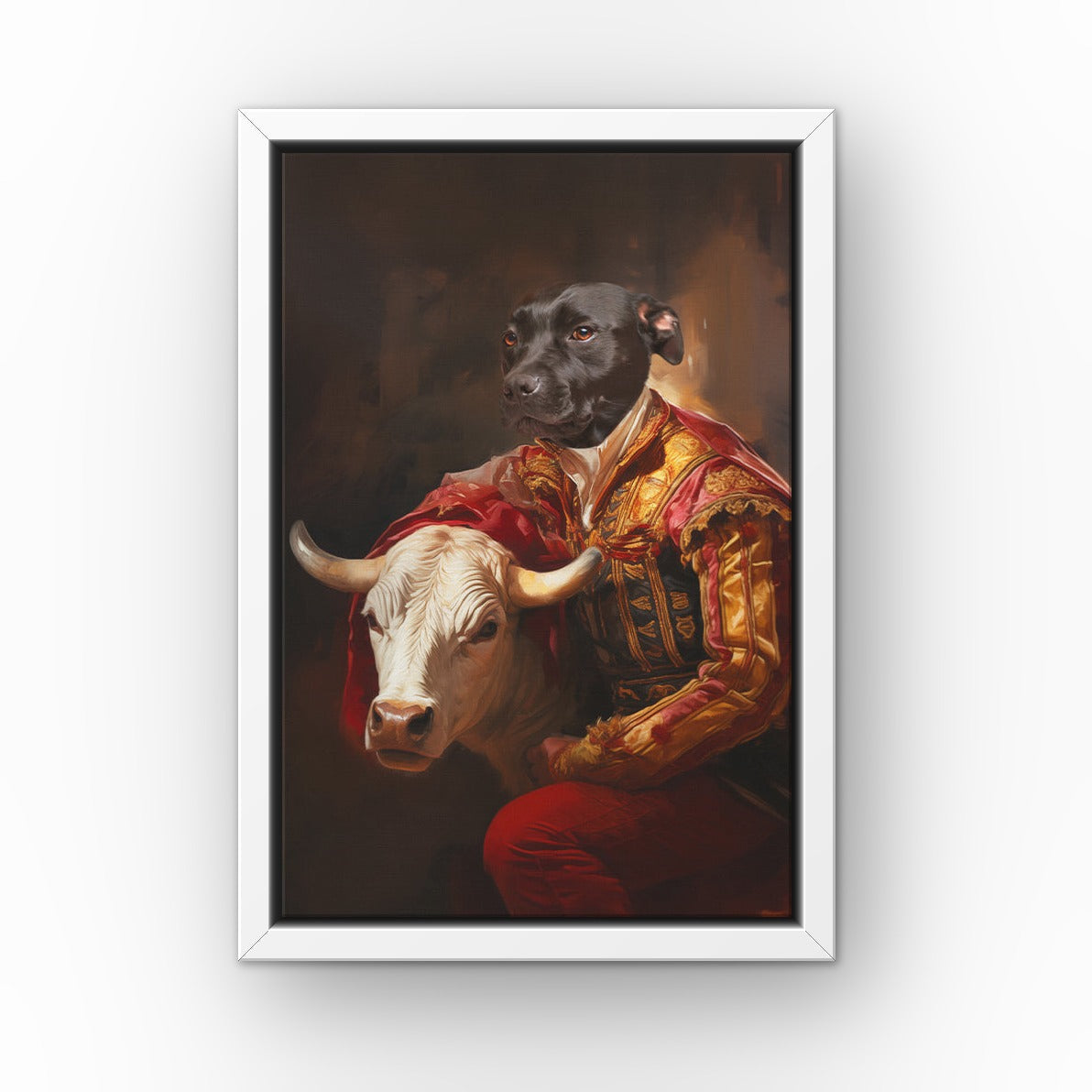 The Bull Fighter custom pet canvas in a white floating frame