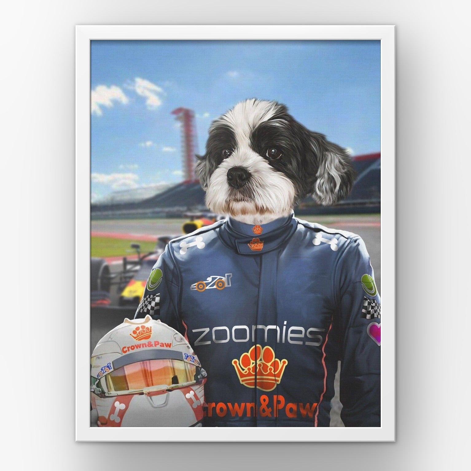 The Champion Driver custom pet poster in a white frame
