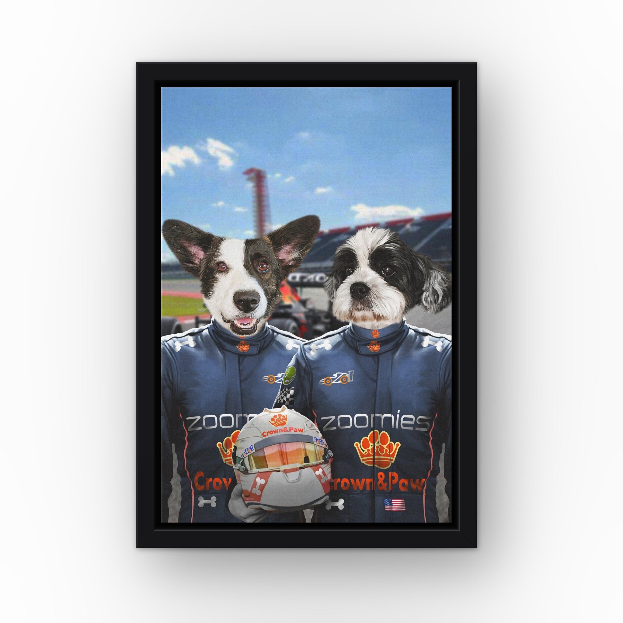 The Champion Drivers custom pet canvas in a black floating frame