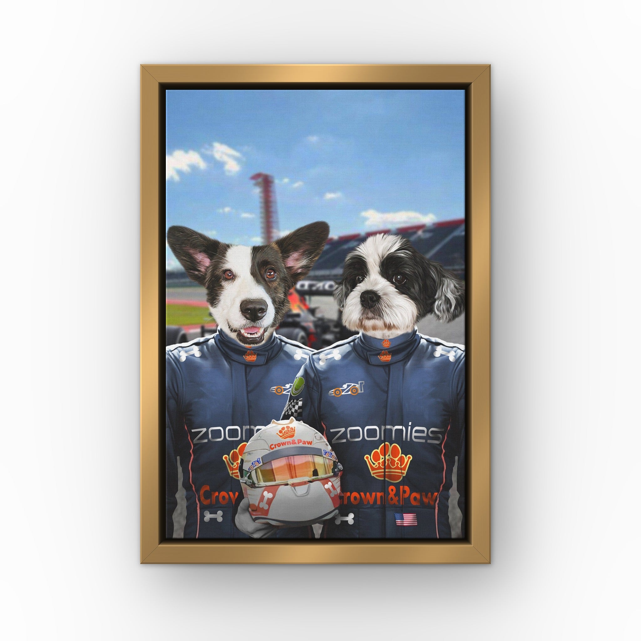 The Champion Drivers custom pet canvas in a gold floating frame