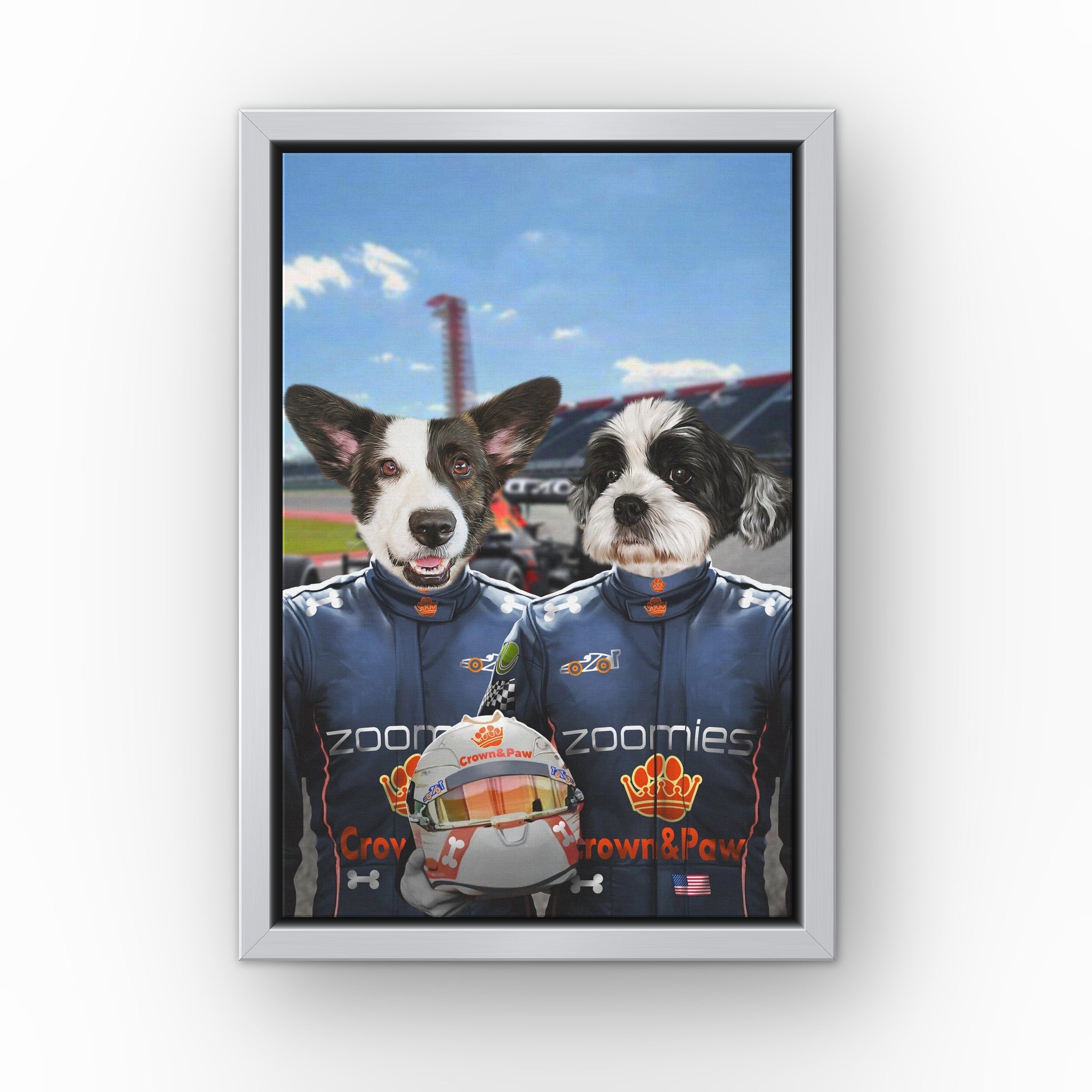 The Champion Drivers custom pet canvas in a silver floating frame