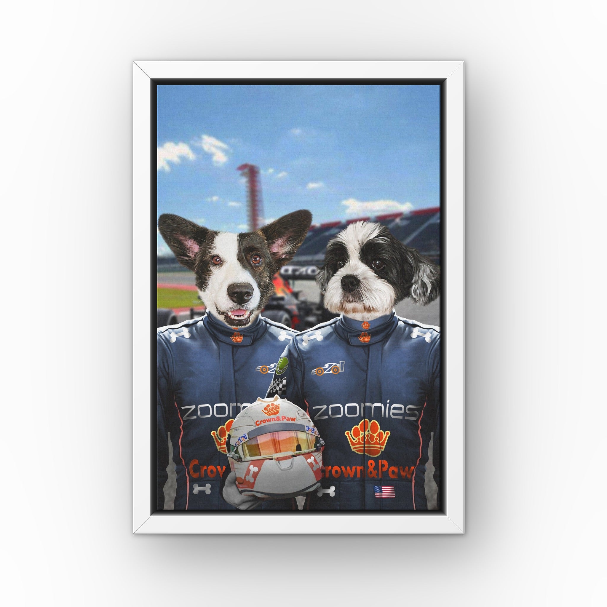 The Champion Drivers custom pet canvas in a white floating frame