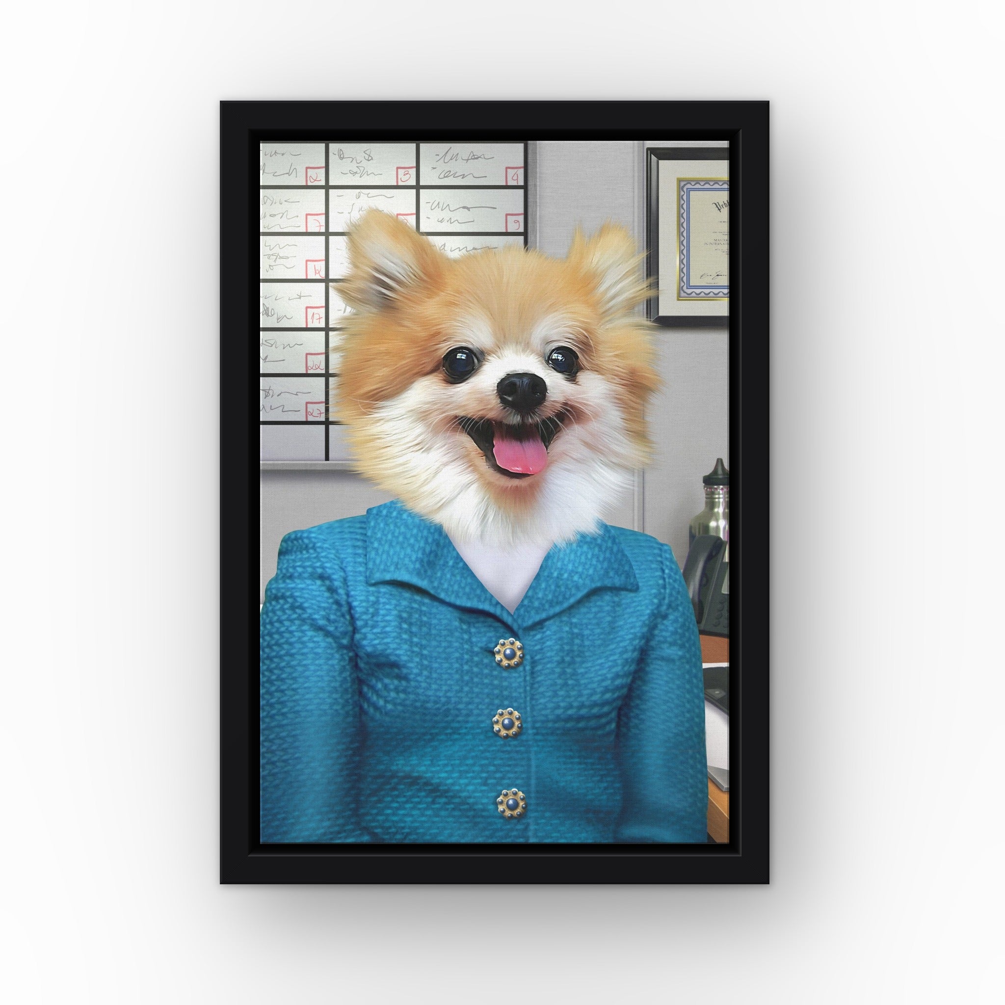 The Chatty One custom pet canvas in a black floating frame