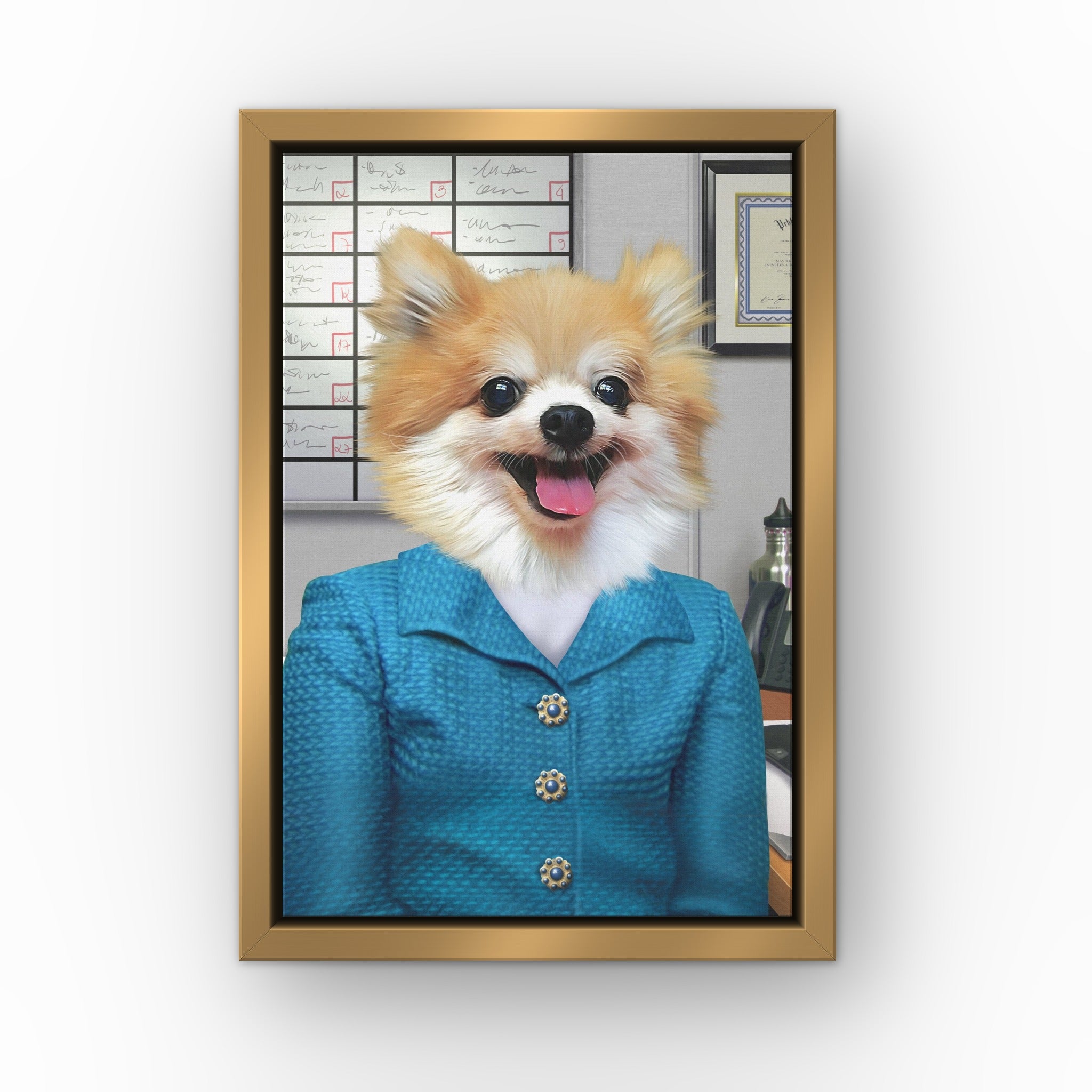 The Chatty One custom pet canvas in a gold floating frame