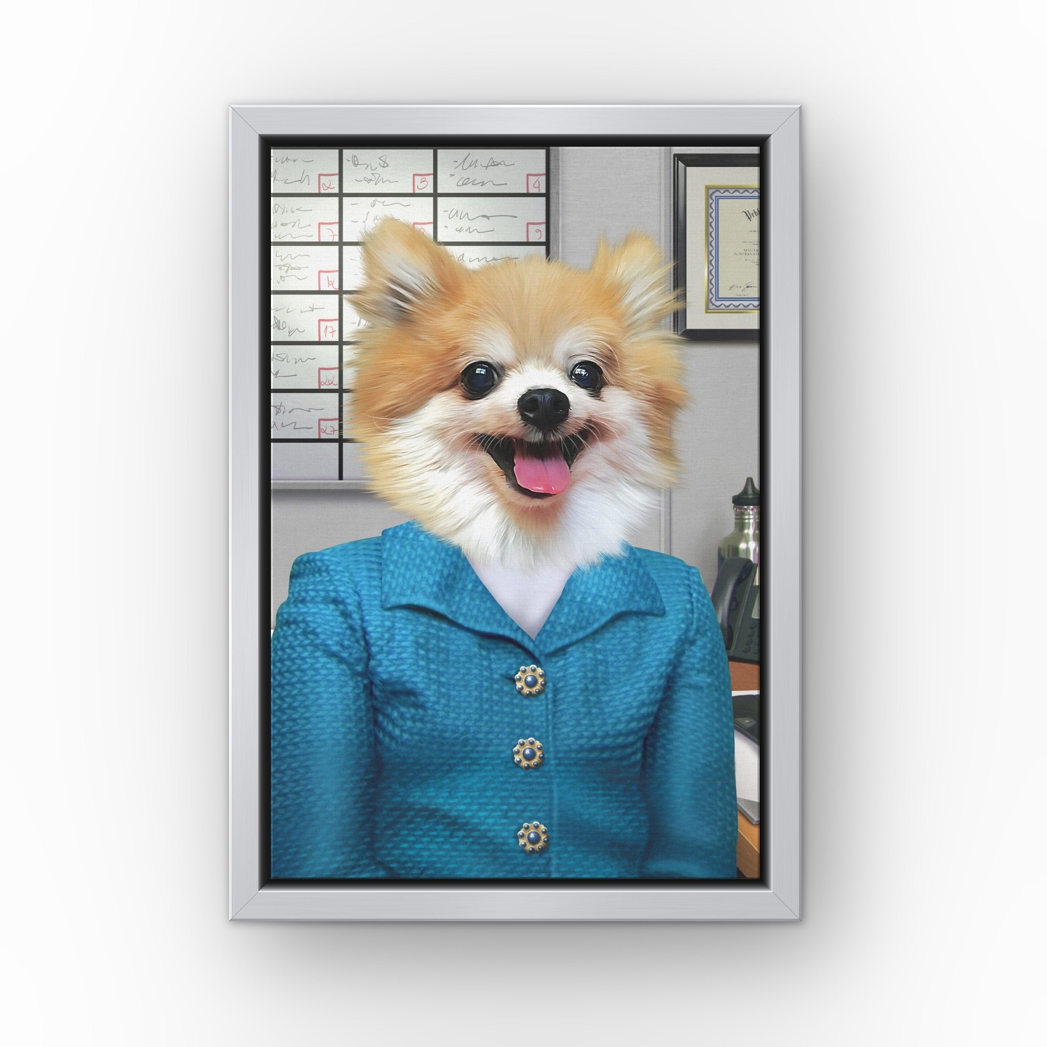 The Chatty One custom pet canvas in a silver floating frame