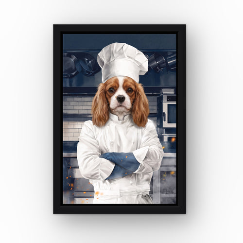 The Chef custom pet canvas in a black floating frame