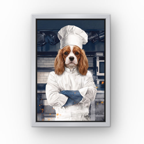 The Chef custom pet canvas in a silver floating frame