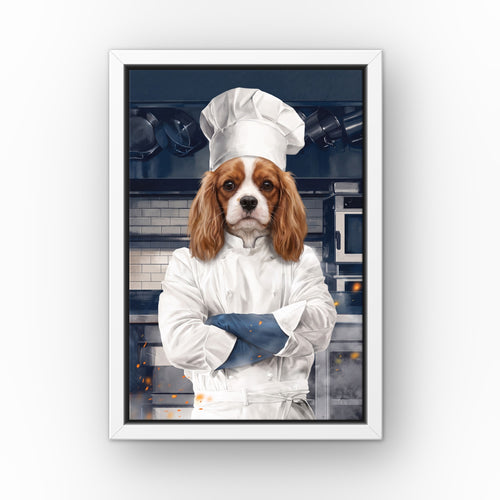 The Chef custom pet canvas in a white floating frame