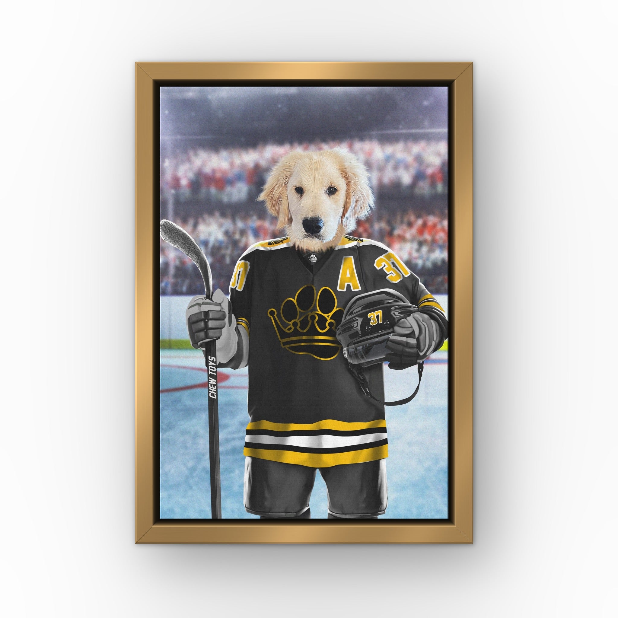 The Chew Toys custom pet canvas in a gold floating frame