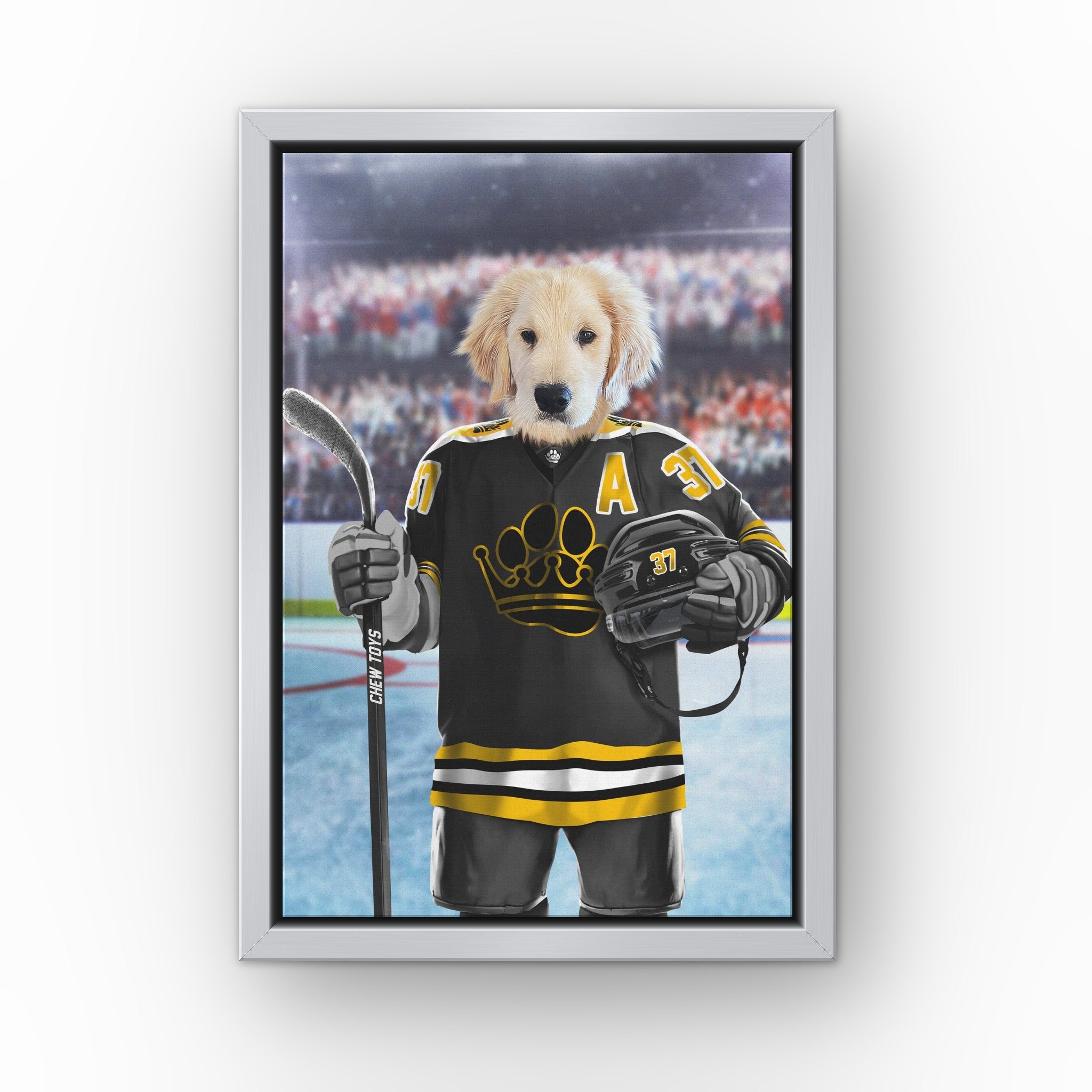 The Chew Toys custom pet canvas in a silver floating frame