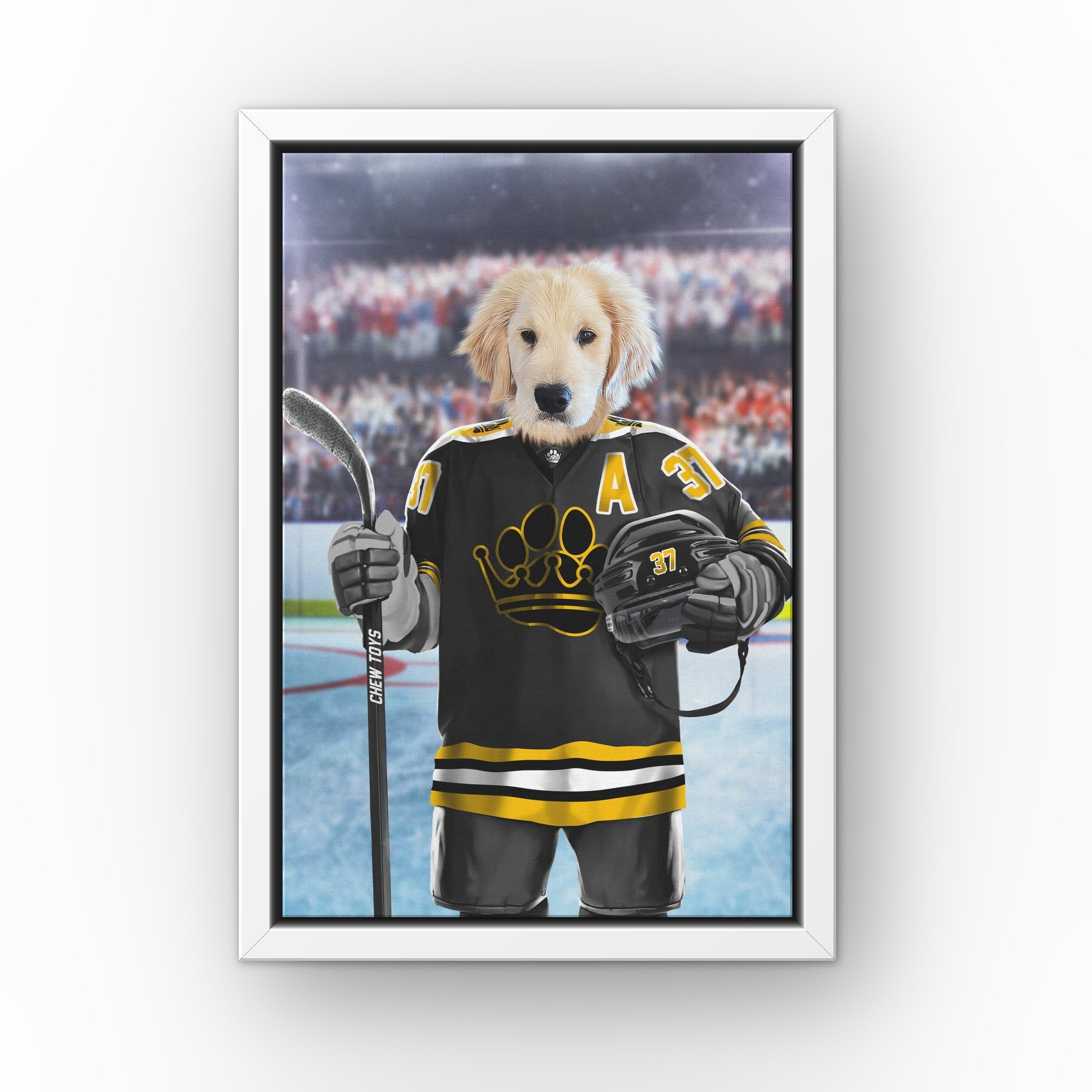 The Chew Toys custom pet canvas in a white floating frame