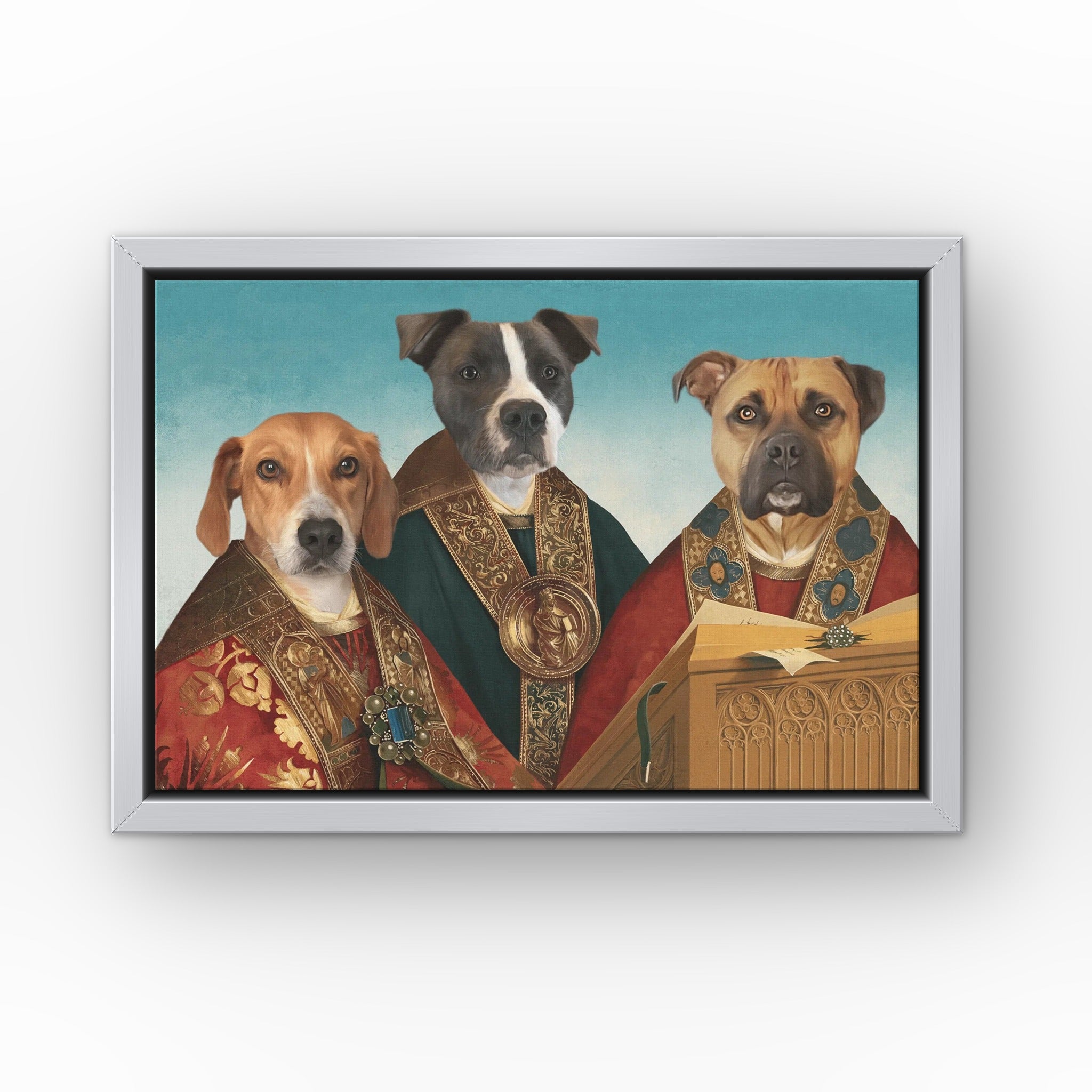 The Choir custom pet canvas in a silver floating frame